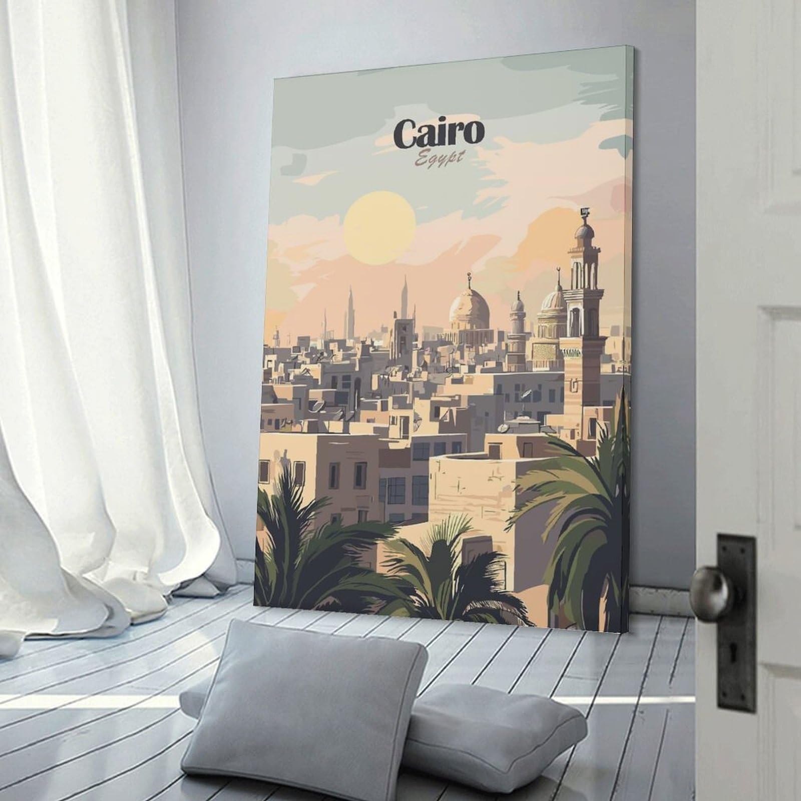 Junmoney Cairo, Egypt Cityscape Illustration(2) Hanging Wall Art, 24x36inch(60x90cm), for Living Room, Bedroom, Office Or Hallway, Decorative Artwork with Broad Appeal