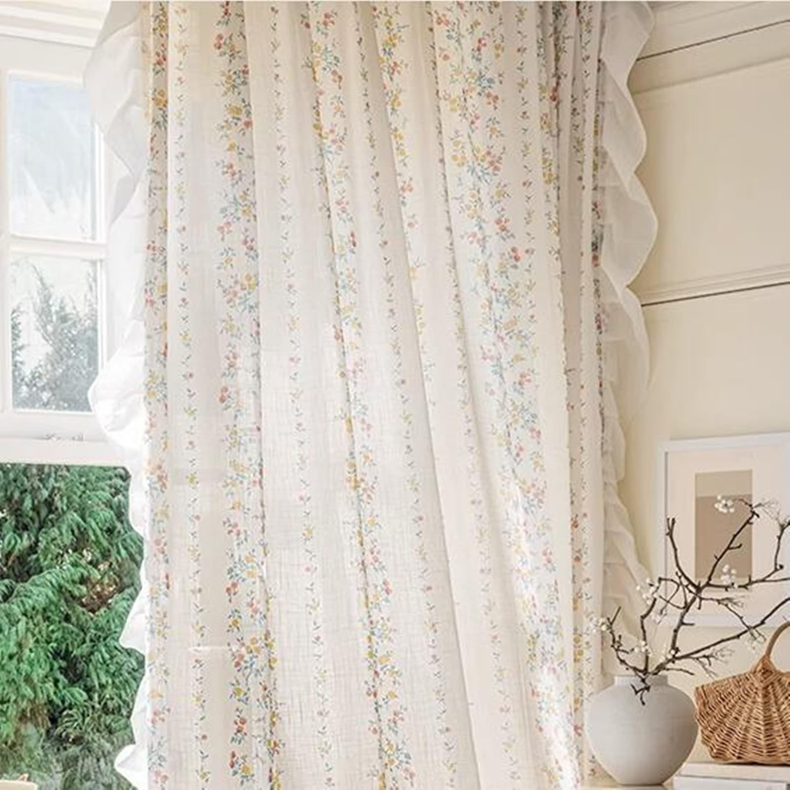 Epinki Voilage Chambre Fleur Imprimé avec Volants Coloré en Polyester 107 x 147 cm Lot de 2 Rideaux Salon à Oeillets