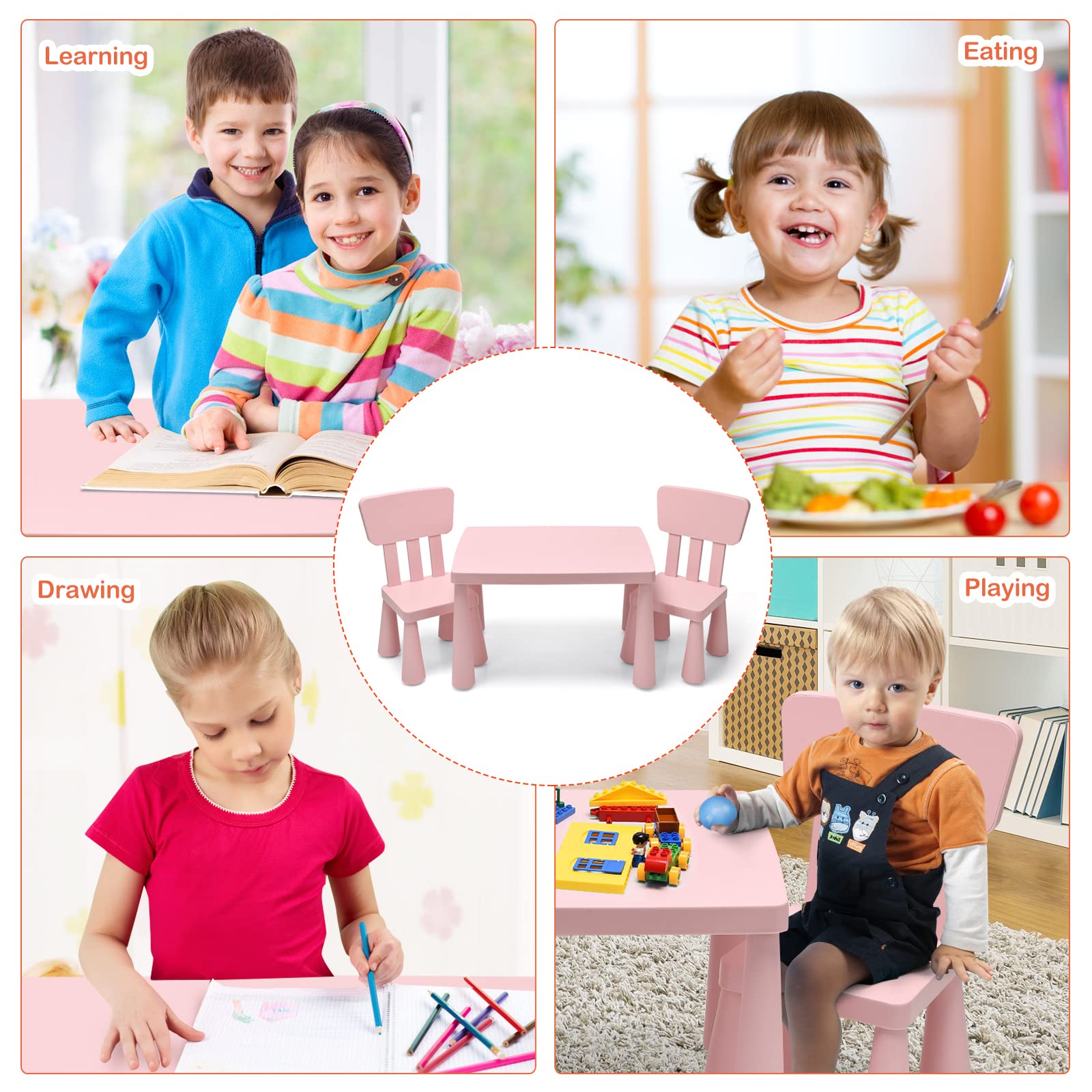 LIFEZEAL Kindertisch mit 2 Stühlen, Niedliche Kindersitzgruppe aus Kunststoff, Kindermöbel mit Rückenlehne & Runden Kanten, Kindertisch und Stuhl Set für Mädchen & Jungen (Rosa)