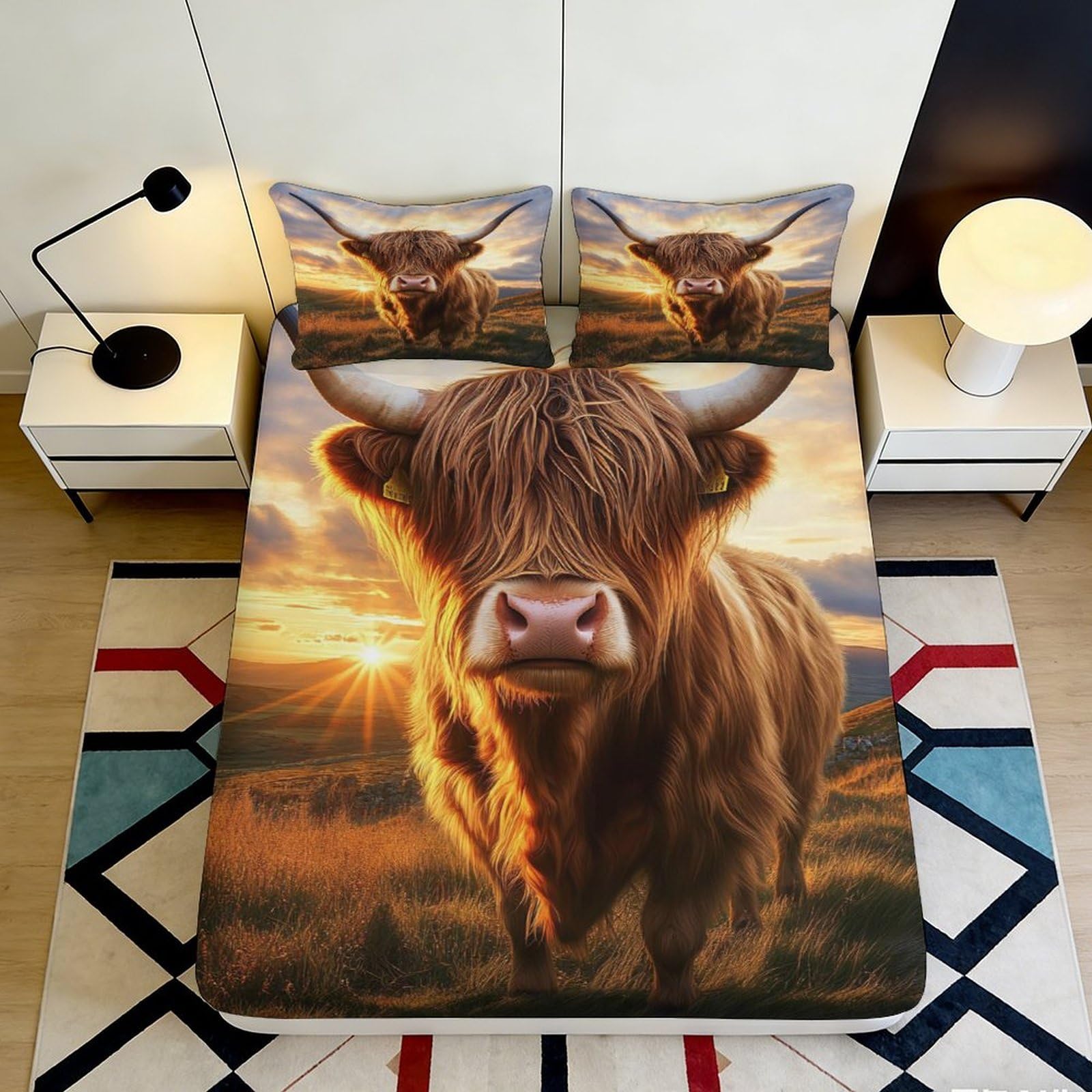 3D Printed Highland Cow Fitted Sheet Microfiber Deep Pocket Bedroom Bedding Highland Cow Mattress Fitted Cover Washable for Adults 180x200x25cm