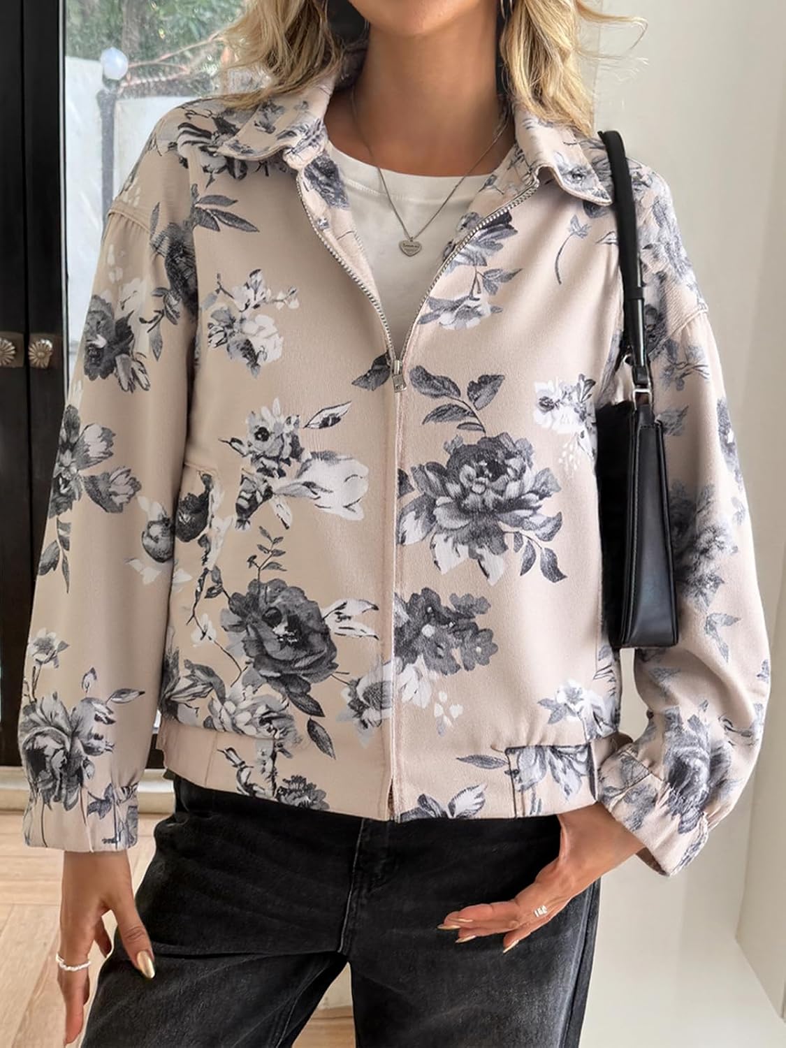Cicy Bell Womens Floral Zip Up Bomber Jackets Cropped Long Sleeve Denim Coats Trendy Casual Collared Vintage Outerwear - Image 2