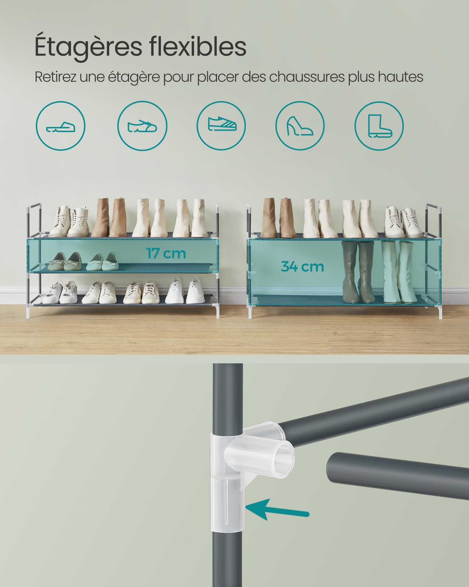 SONGMICS Étagère à Chaussures 3 Niveaux - Porte-Chaussures Métal Noir 16-20 Paires Empilable 30x92x55cm