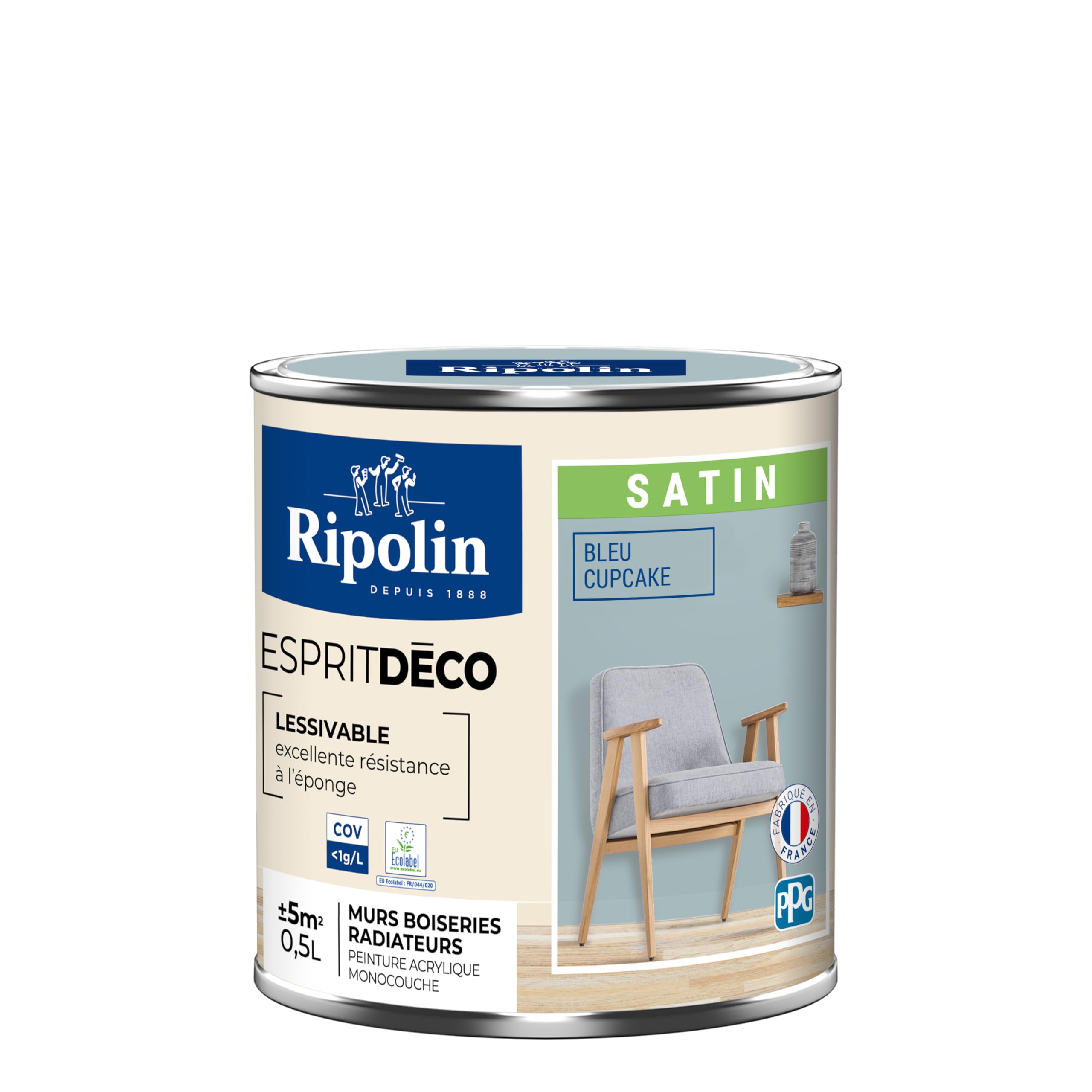 RIPOLIN - Peinture Intérieure Multi-​Supports – Murs, Boiseries & Radiateurs – Ultra-​Couvrante – Lessivable – Application Facile – Ecolabel - Satin - 0,​5L - Bleu Cupcake