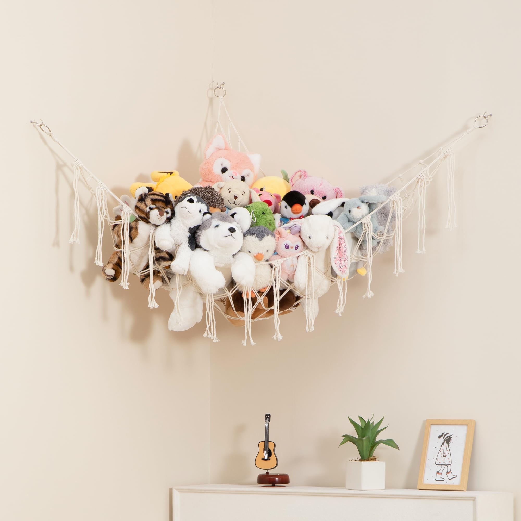 Lilly's Love Stuffed Animal Storage Macrame Hammock, Large - Boho Room Decor Toy Storage - Corner Hanging Plushie Stuffed Animal Net Organizer (White)