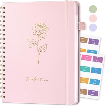 Umriox Undated Planner - A4 Weekly Planner Notebook, Weekly Journals for Study,Work,Fitness,52 Weeks Planning with 24 Self-Adhesive Tabs, Hardcover - Pink