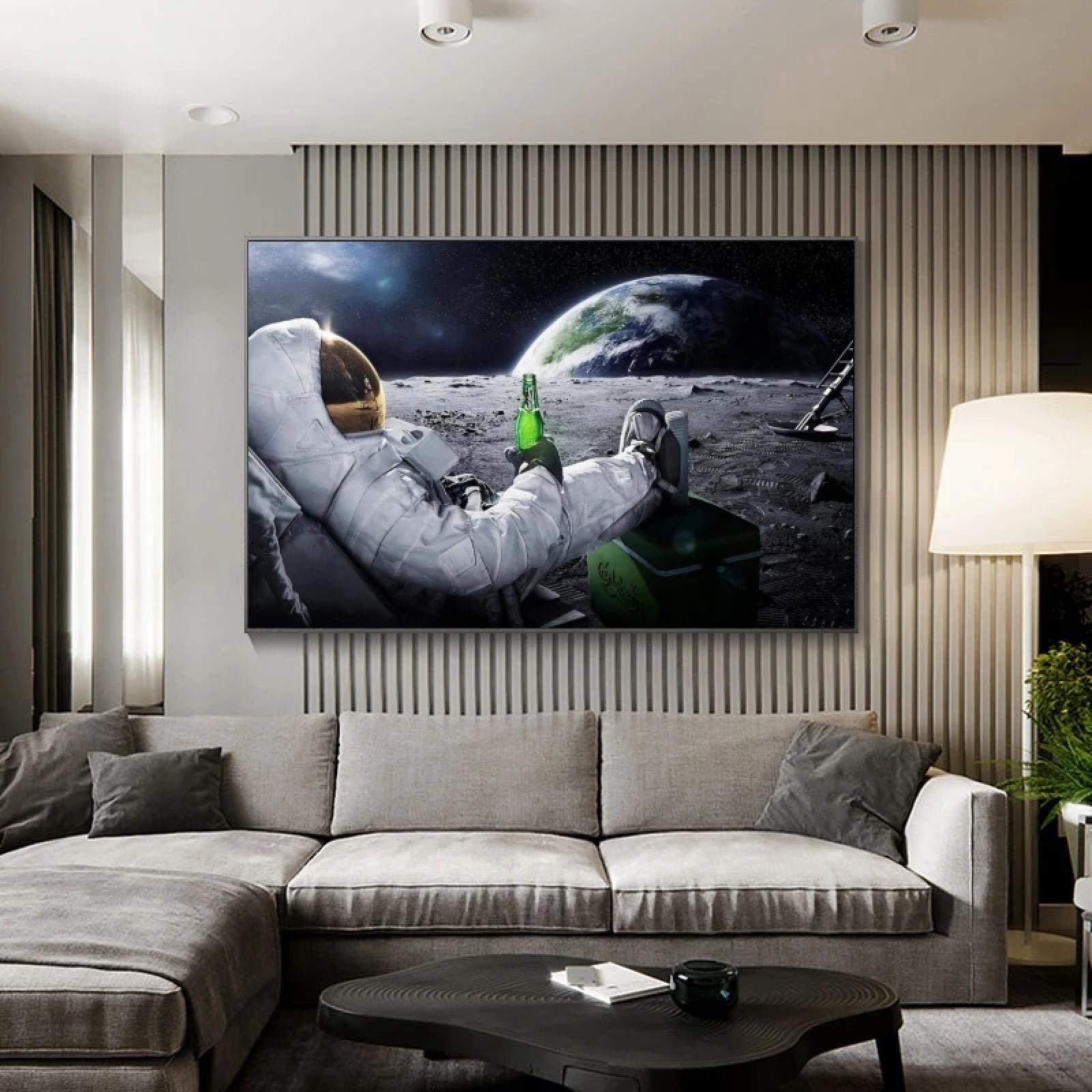 Cervezas modernas Espacio exterior Tierra Astronautas Luna Pintura sobre lienzo Carteles Impresiones Arte de la pared Imágenes para la decoración de la sala de estar 80x140cm (31x55in) con marco