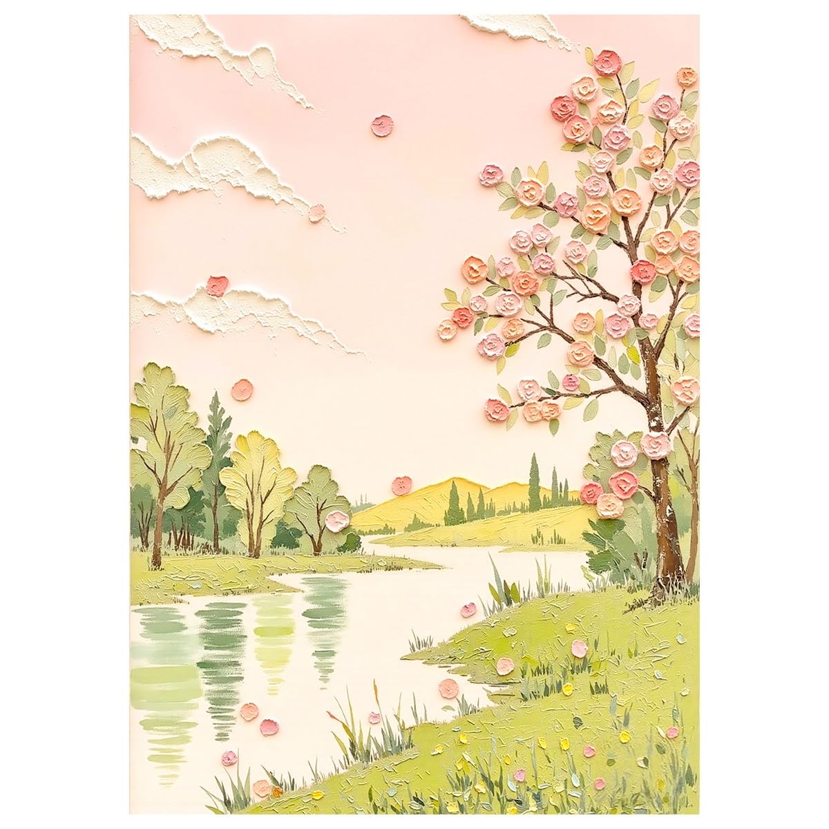 LCDIUDIU Oil Paintings On Canvas Pink Rose Tree Wall Art Thick Textured Spring River Landscape Wall Decor Unframed Hand Painted Abstract Artwork for Living Room Bedroom Home 120X180Cm(48X72Inch)
