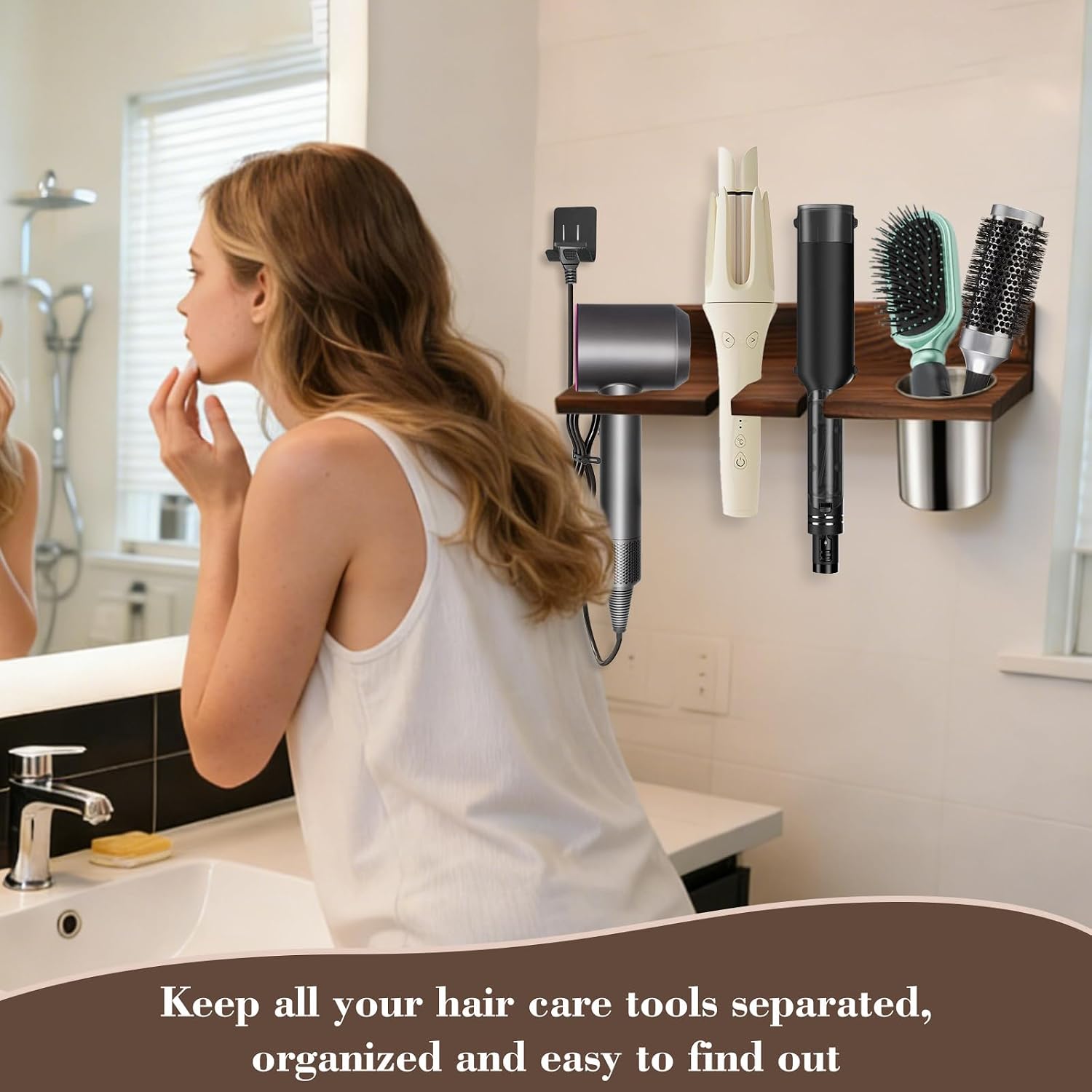 Hair Tool Organizer Wall Mounted, Styling Accessory Storage Rack | Wooden, Brown, Multi-Groove Partition, Stable Bearing Capacity, Hold Hair Dryer Flat Irons, Store Cosmetics Toiletries