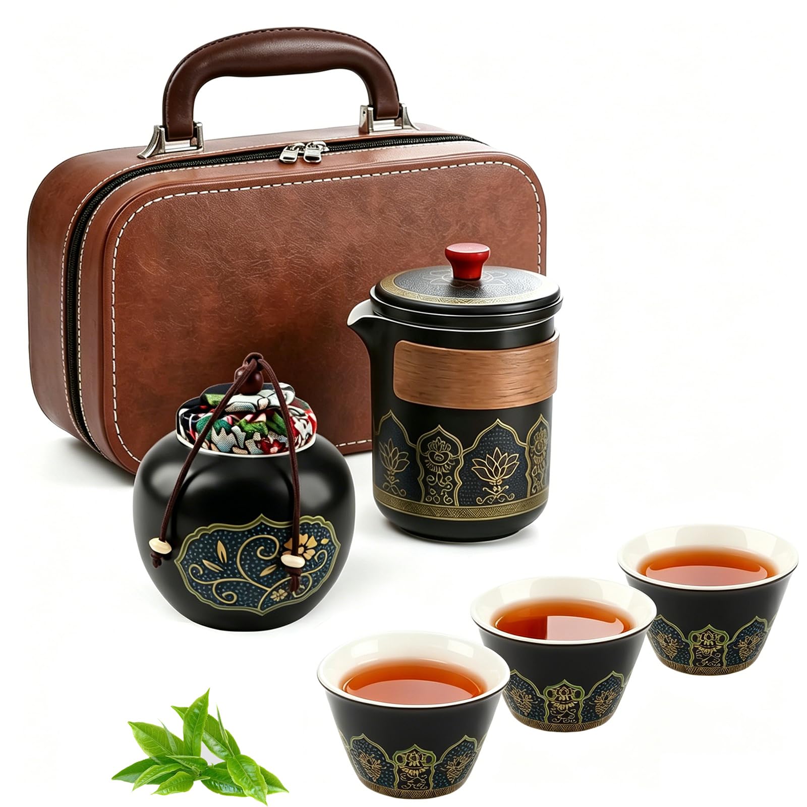Japanisches Teeservice, 6 Stück Schönes Tea Set Porzellan Chinesische Teekanne Set, Gongfu Teeservice, Tragbares Schwarzes Keramik-Teekannenset 250ml, Traditionelles Teekanne Teeservice aus Porzellan
