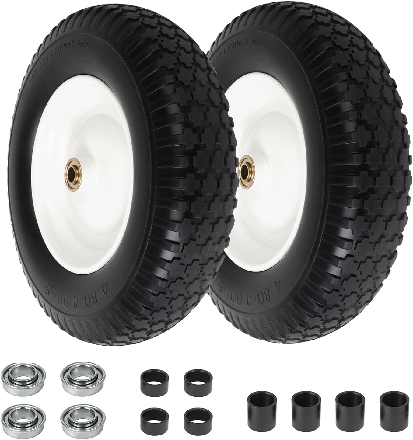 4.80/4.00-8 Wheelbarrow Tire Flat Free, 16'' Tire and Wheel 330LB Load Capacity, with 5/8" & 3/4" Bearings, 3''-4''-6''-7'' Adjustable Hub for Garden Cart, Hand Truck, Trolley, Wagon, 2 Pack