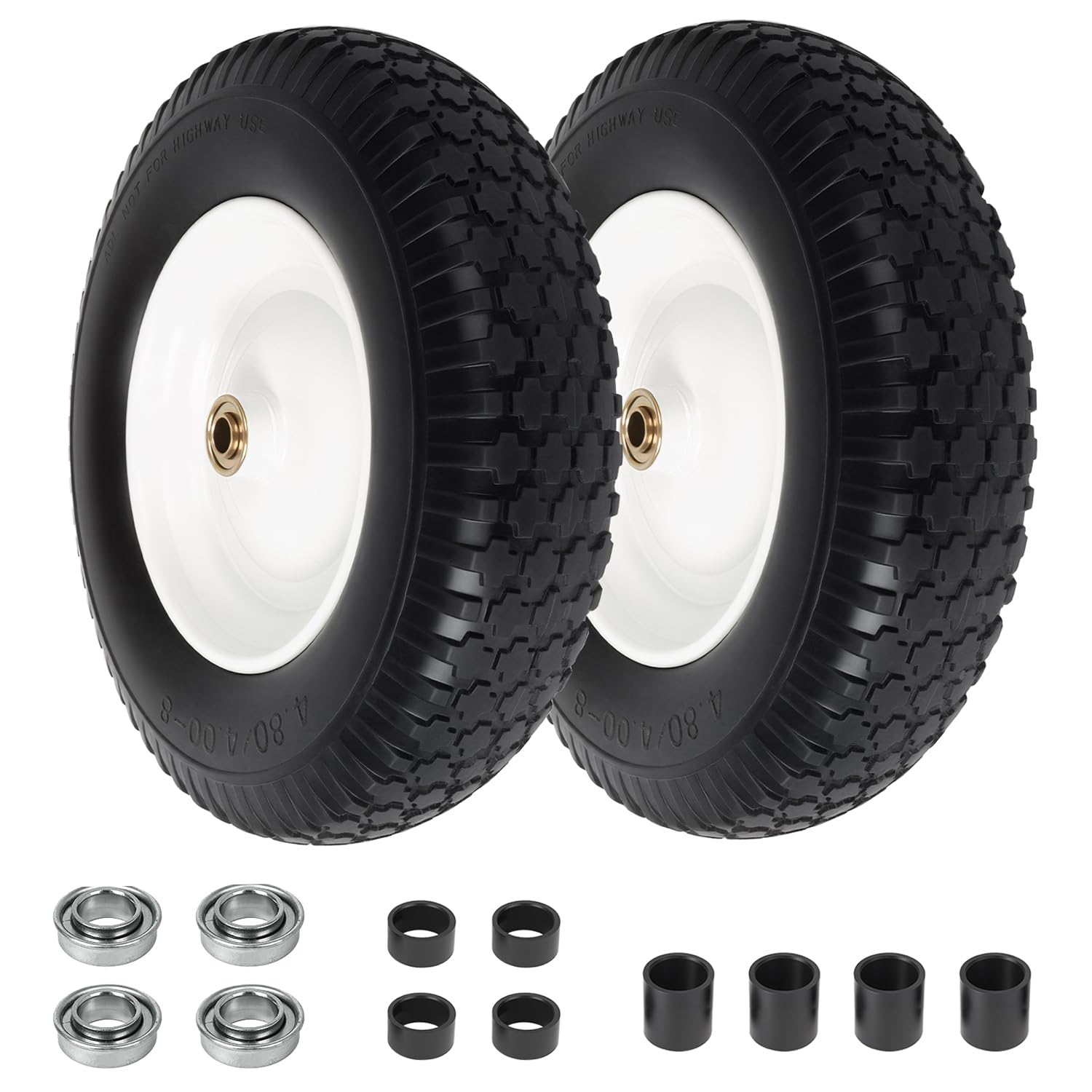 4.80/4.00-8 Wheelbarrow Tire Flat Free, 16'' Tire and Wheel 330LB Load Capacity, with 5/8" &amp; 3/4" Bearings, 3''-4''-6''-7'' Adjustable Hub for Garden Cart, Hand Truck, Trolley, Wagon, 2 Pack