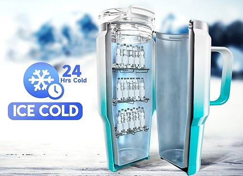 Miniatura 2 de Meoky Vaso de viaje de 24 onzas, vaso de acero inoxidable con triple aislamiento con asa y tapa para sorber 2 en 1, 100% a prueba de fugas, mantiene