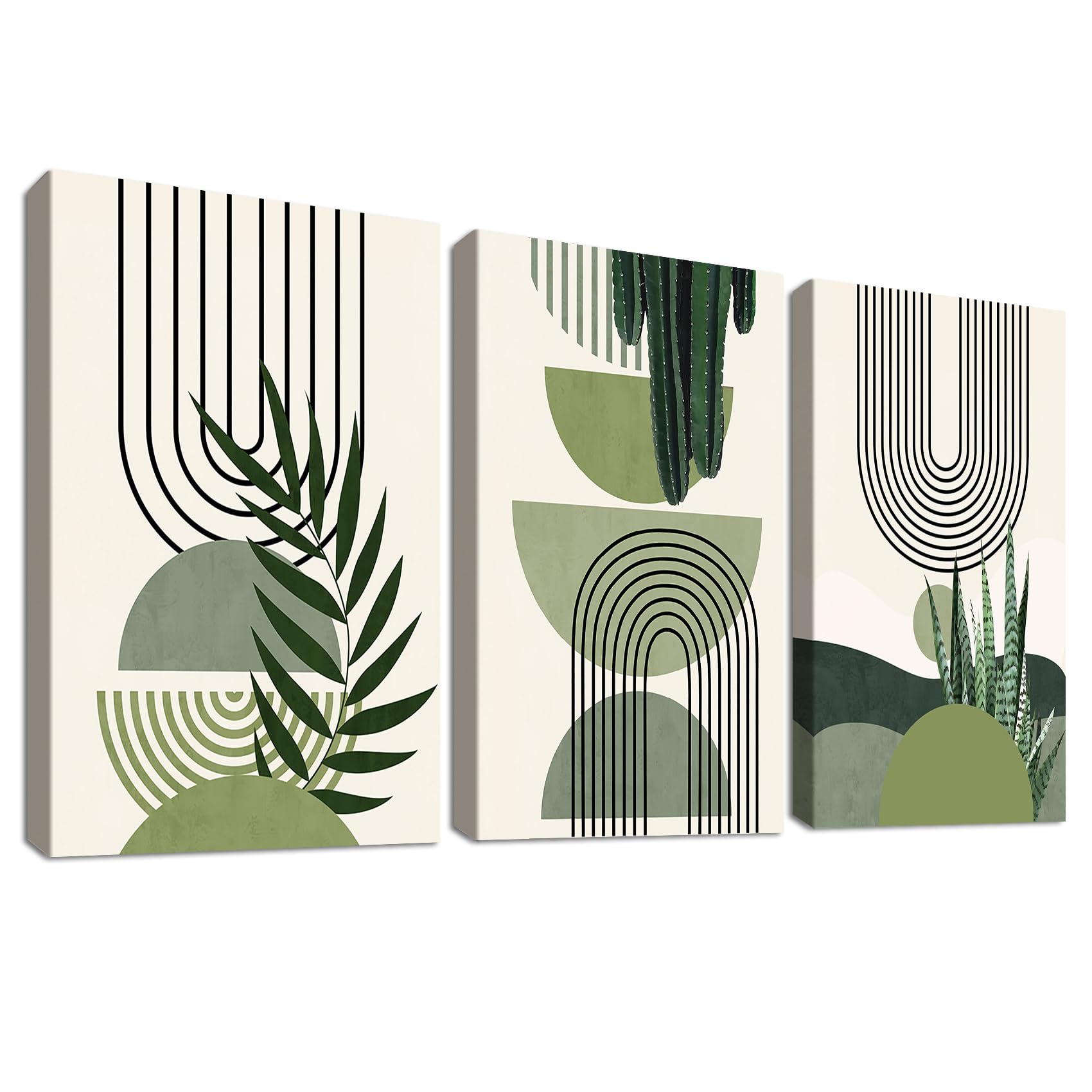 3 Pcs Wooden Framed Canvas Wall Art Set Bohemian Sage Green Canvas Prints Poster Geometric Line Beige Green Pictures for Living Room Bedroom Dinning Room Hallway Stairs Wall Decor 30x40cm x3pcs