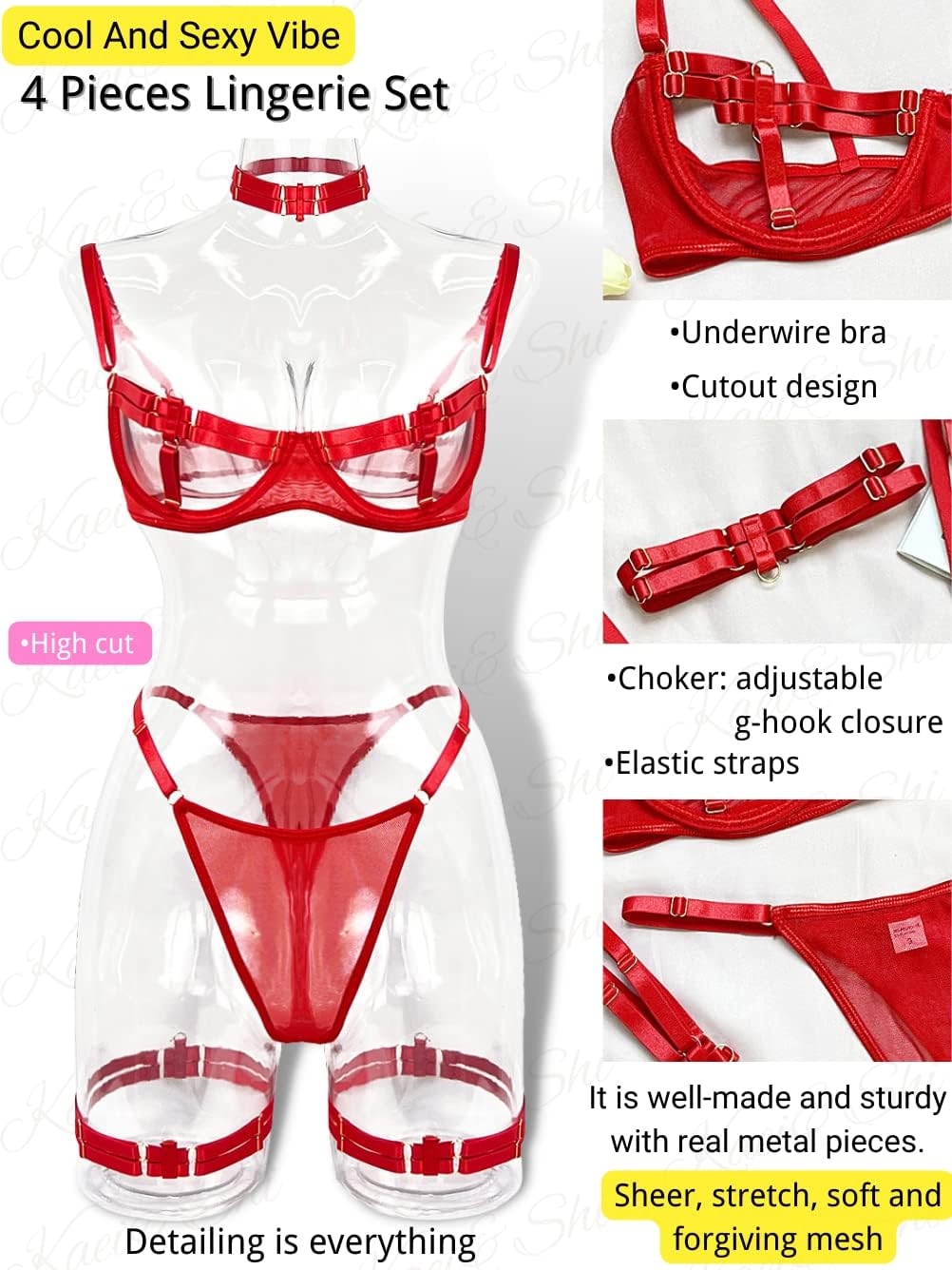 Kaei&Shi Glow Under Black Light, Party Boudoir Outfits, 4PC Peekaboo Lingerie