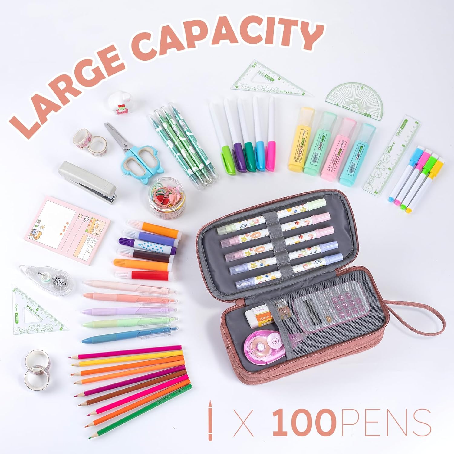 NOL Natural Organic Lifestyle Large Capacity Pencil Case Zipper Pencil Purse 3 Compartment Pencil Pouch Office Stationery Organizer Multi-functional Pencil Bag for School Girl Boy Adults - Dark pink - Image 3