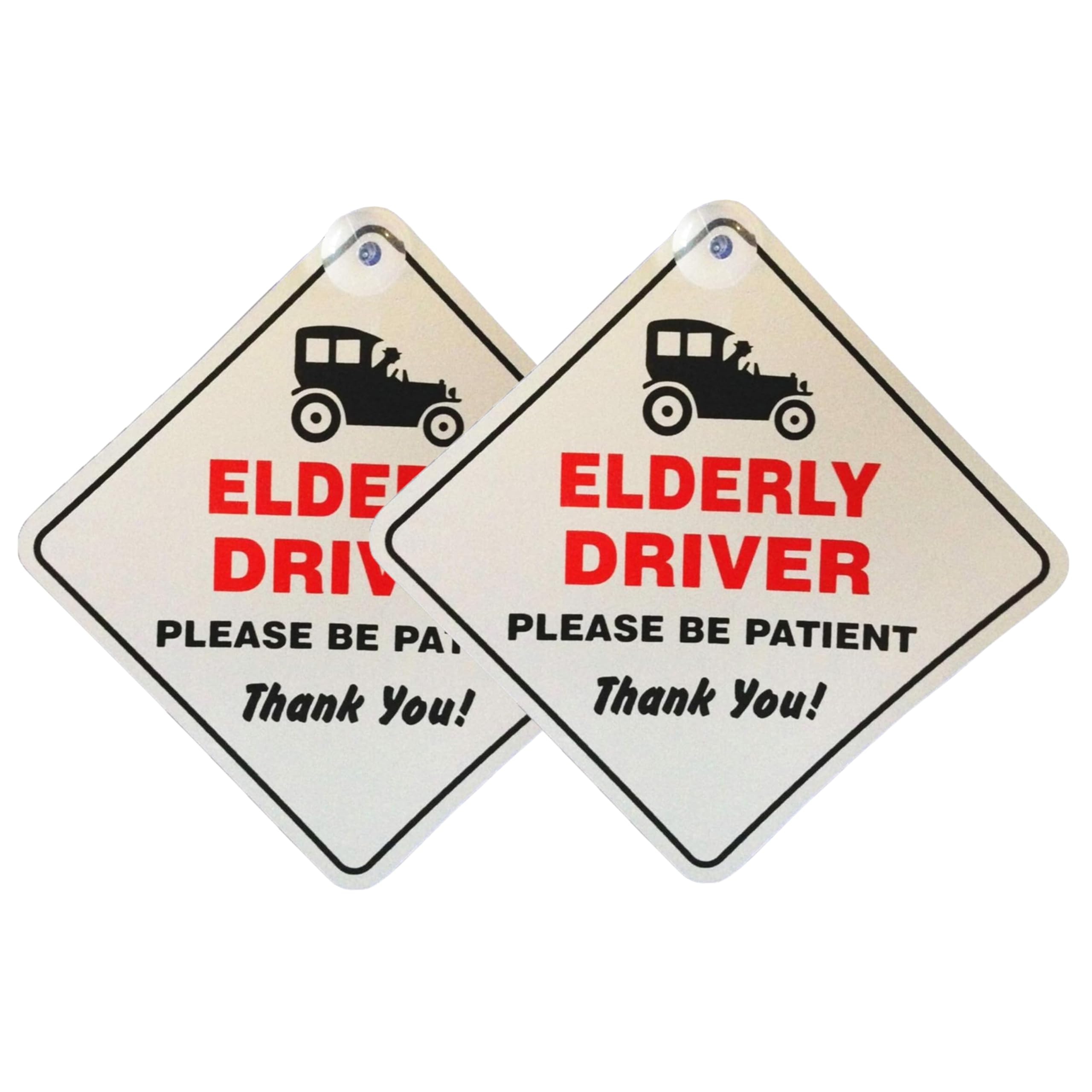 Tek Automotive Elderly Driver Please Be Patient Sign | Funny Car Accessories Twin Pack | 5.5" x 5.5" Suction Cup Car Stickers