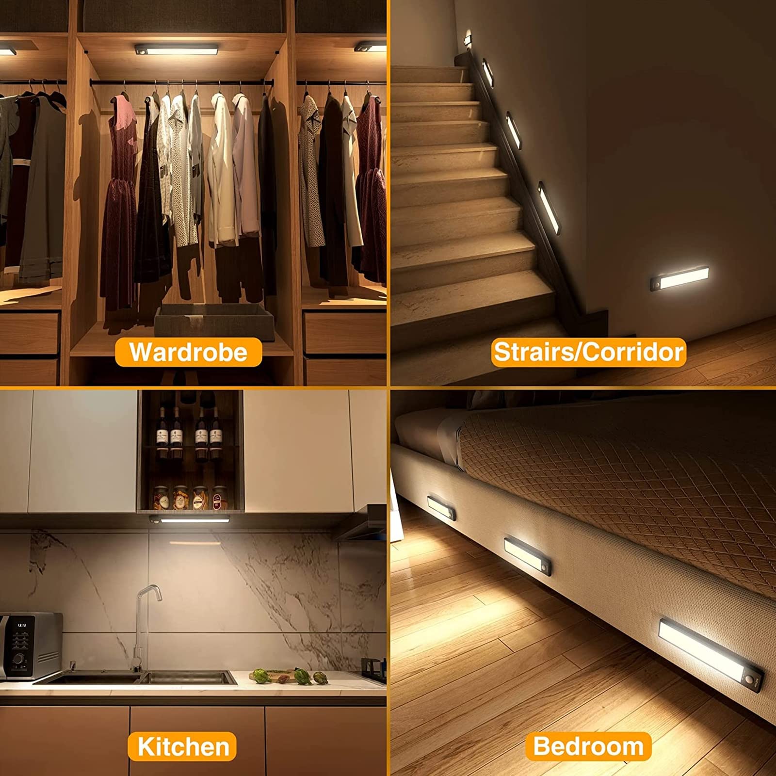 Luz Armario Led Sensor Movimiento 41 Led 30Cm, Luces LED Armario Pilas Sin Cable, 3 Modos, USB Recargable, Tira Magnética, Luz Nocturna Para Cocina Pasillo Armarios Escalera,Negro