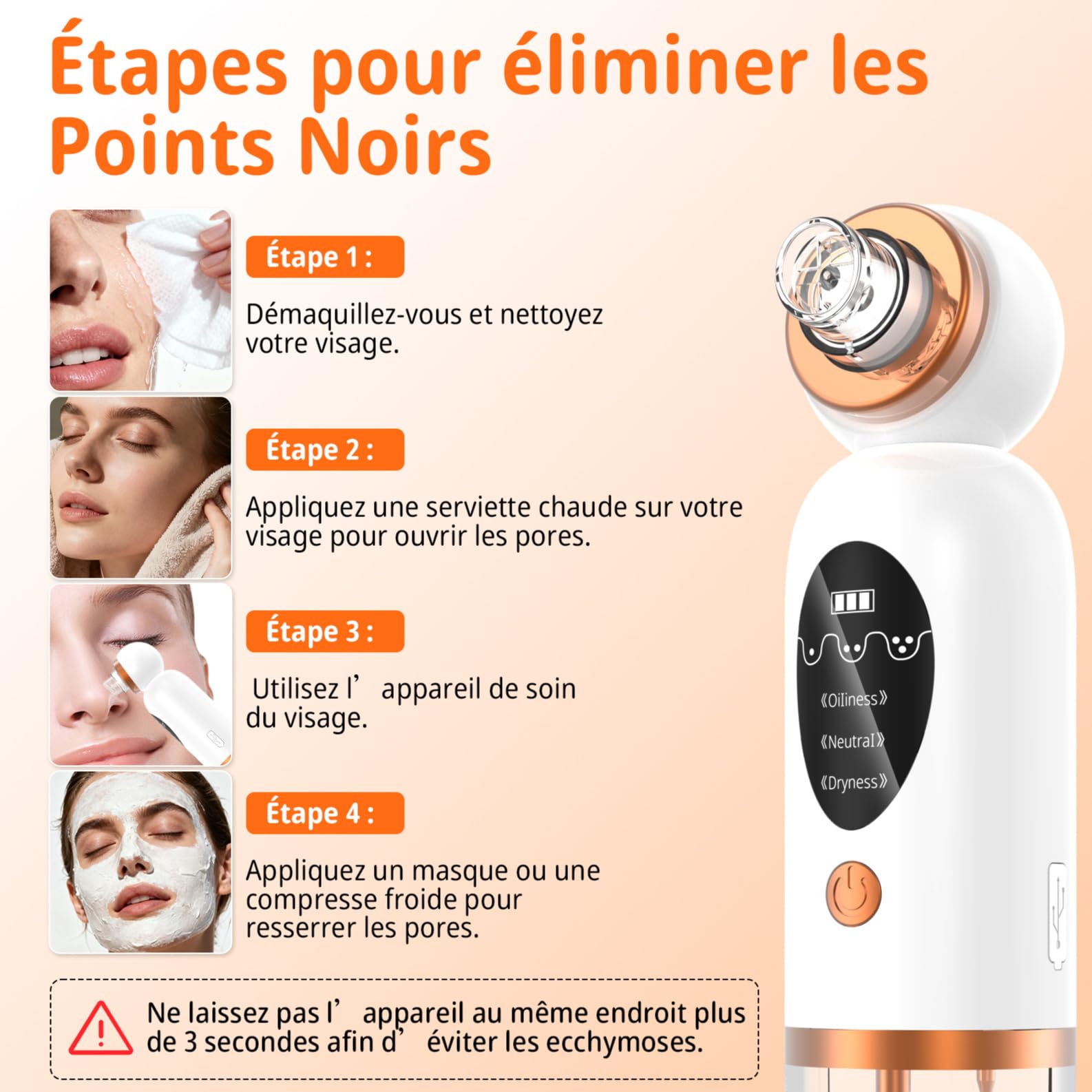 Aspirateur Pour Points Noirs, Extracteur Points Noirs Visage, 3 Modi Rechargeable & 6 Sondes & Réservoir d'eau Visible pour le Nettoyage du Visage, Traitement de l'acné et Soins de la Peau - Blanc