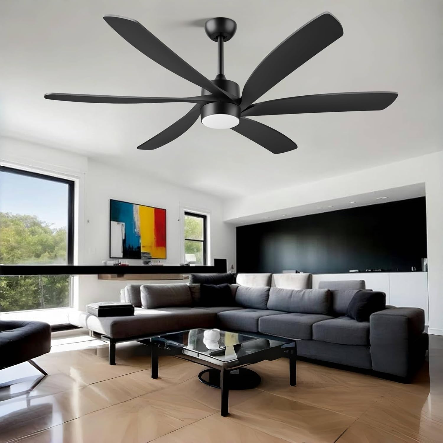 64 Inch Outdoor Ceiling Fan for Patios with Light, Black Ceiling Fan with 3 Downrods and Remote Control, High CFM, Indoor Exterior Fan with Reversible Quiet DC Motor, ABS Twisted Blade