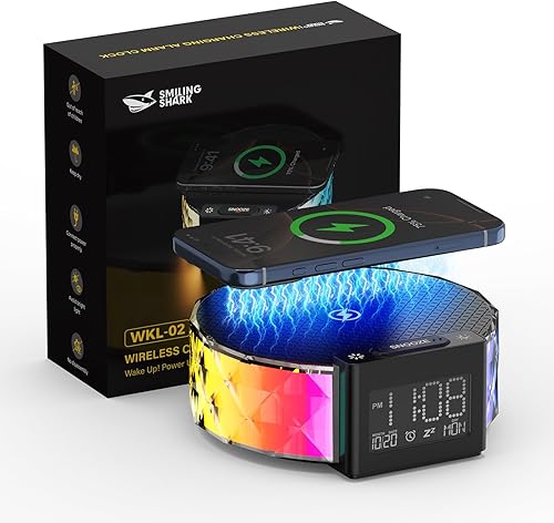 Smiling Shark Alarm Clock Charger Light, Alarm Clock Bedside Lamp with Wireless Charger Touch Control 3 Brightness and RGB Effects Wake Up Light Charging with 60 Minutes Snooze Timer for Bedroom Decor