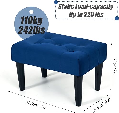 Miniatura 3 de BRIAN & DANY Taburete pequeño otomano, asiento suave de terciopelo con patas de madera, taburete para sala de estar, taburete para pies (azul)