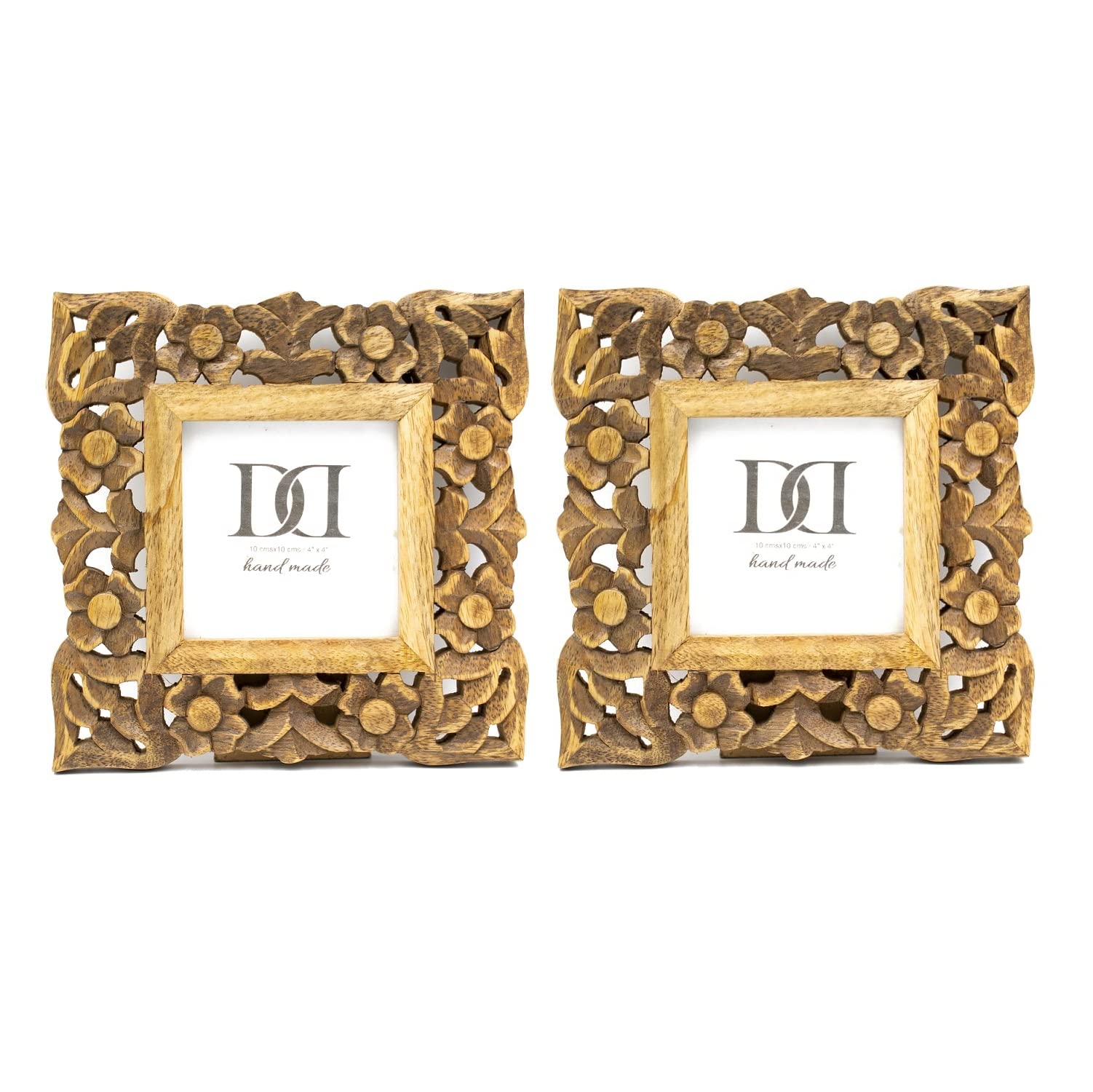 Souq DESIGNS Photo Frames set of 2 - Tabletop Picture Frame Set with Stand - Hand-carved distressed designs - Square 4x4 - Solid Wooden - Rustic Decor - for Home decoration