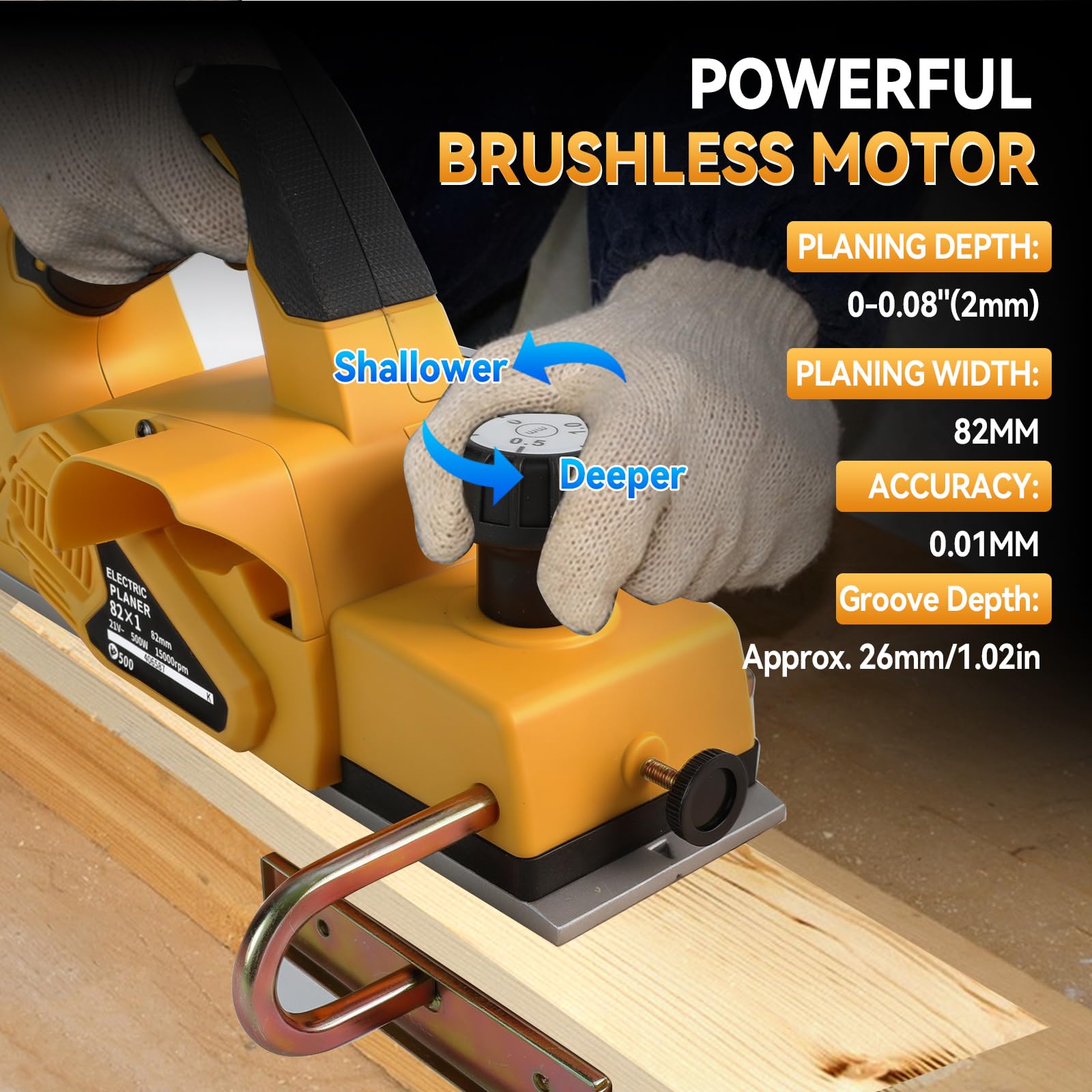 Cepilladora de mano eléctrica inalámbrica compatible con batería Dewalt de 18 V y 20 V, cepilladora eléctrica de madera de mano sin escobillas de 15000 rpm, ancho de corte de 82 mm, profundidad