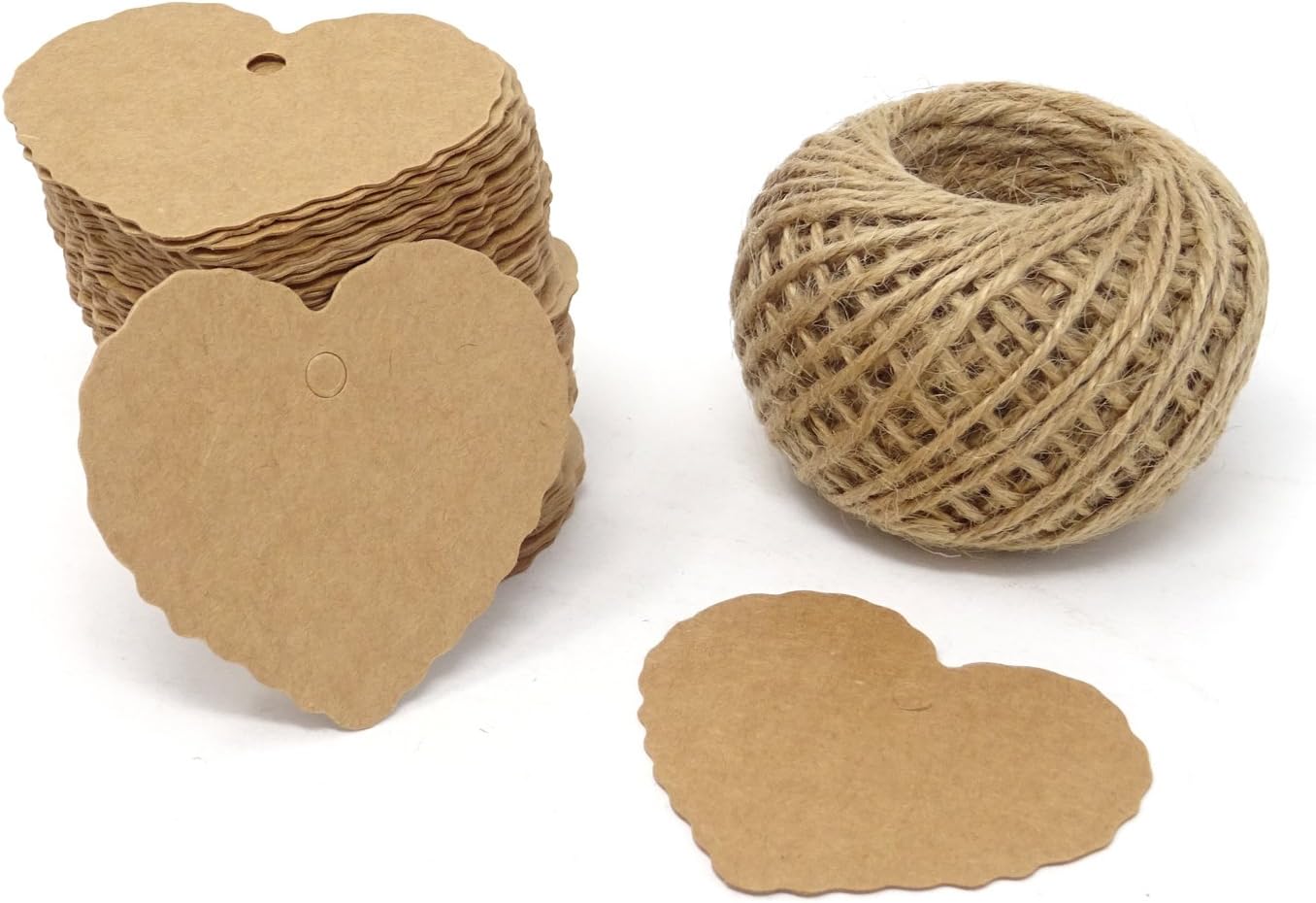 Honbay 100PCS Kraft Paper Blank Heart Tags with 100 Feet Jute Twine for DIY Crafts & Price Tags (Brown)