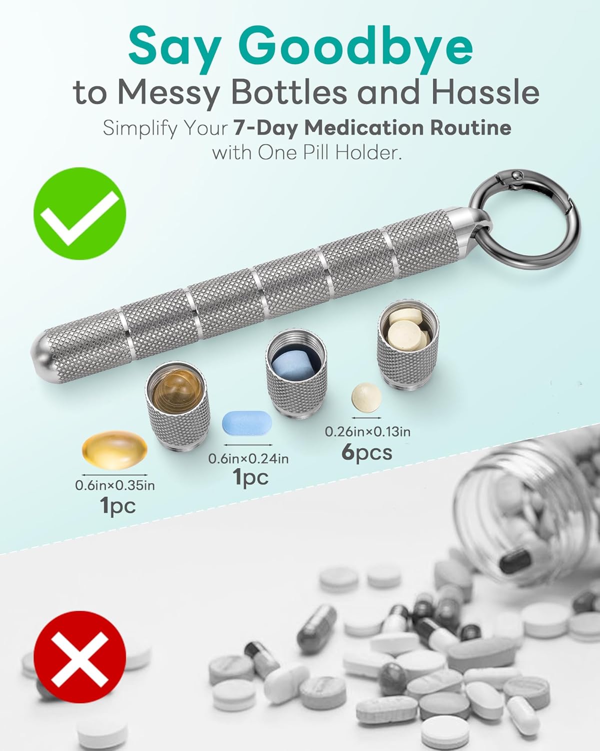 TISUR Titanium Keychain Pill Holder Small Metal Pill Case, Pill Organizer Portable Waterproof Pill Container, Travel Pill Bottle Box for Purse (Tiny-0.39in 7 Separate Compartments)
