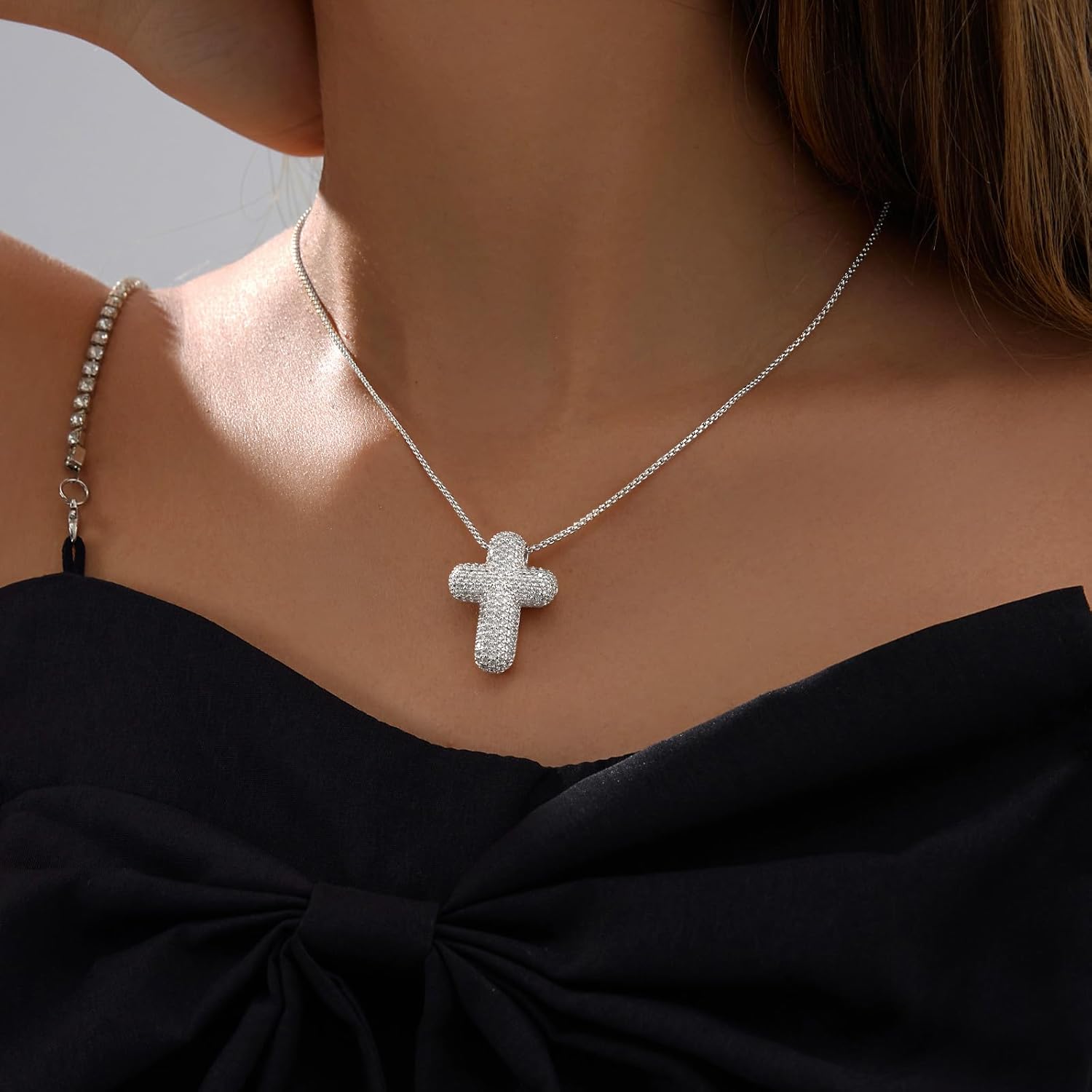 OGD Bubble Cross Necklace for Women 14k Gold Plated Cross Necklace Stackable Dainty Gold Necklace Mariner Chain Necklace CZ Cross Pendant Necklaces Set Simple Jewelry Gift - Image 3