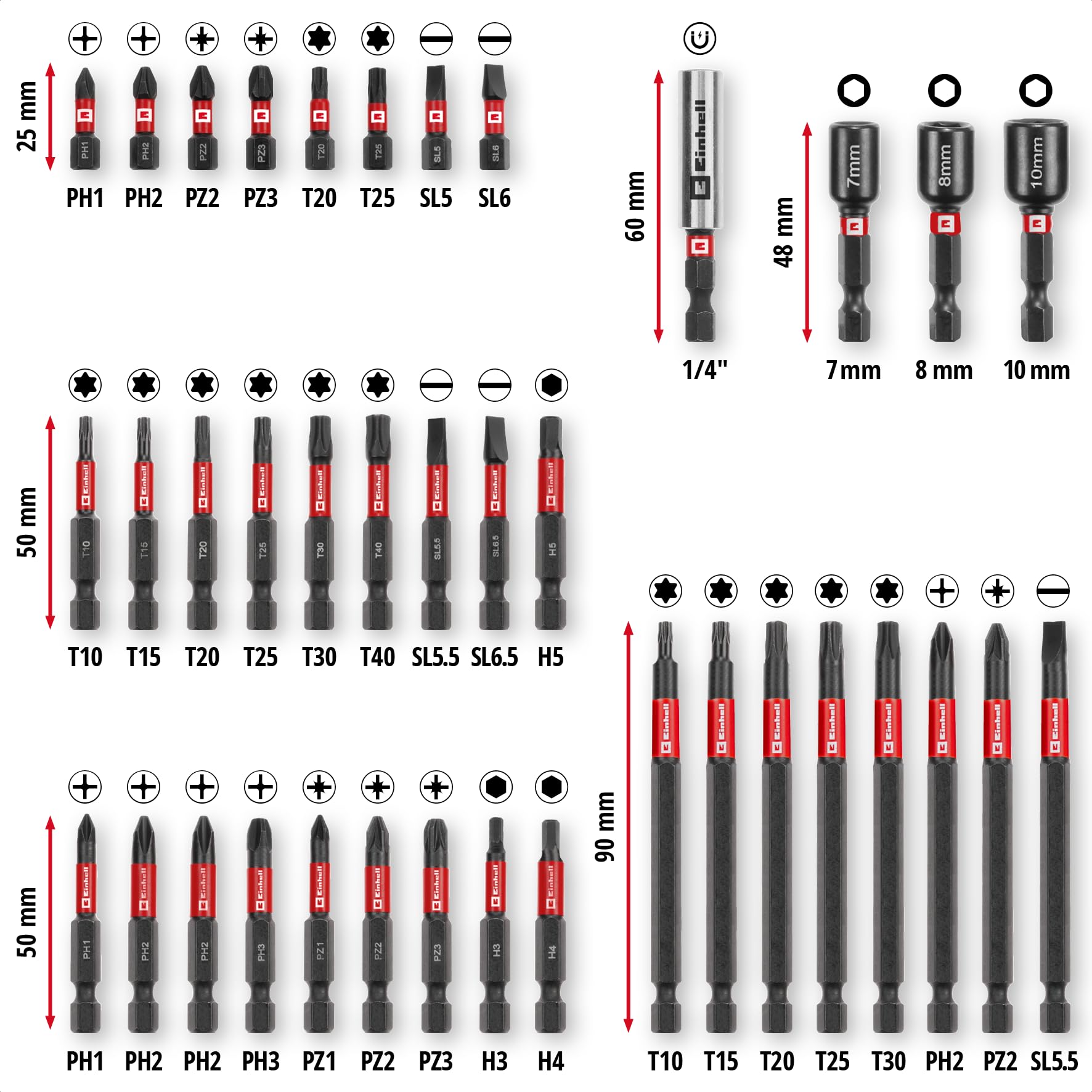 Einhell M-CASE 38 pièces impact-Bit Set 25 mm 50 mm 90 mm douilles 6 pans porte-embout 60 mm boîte rangement