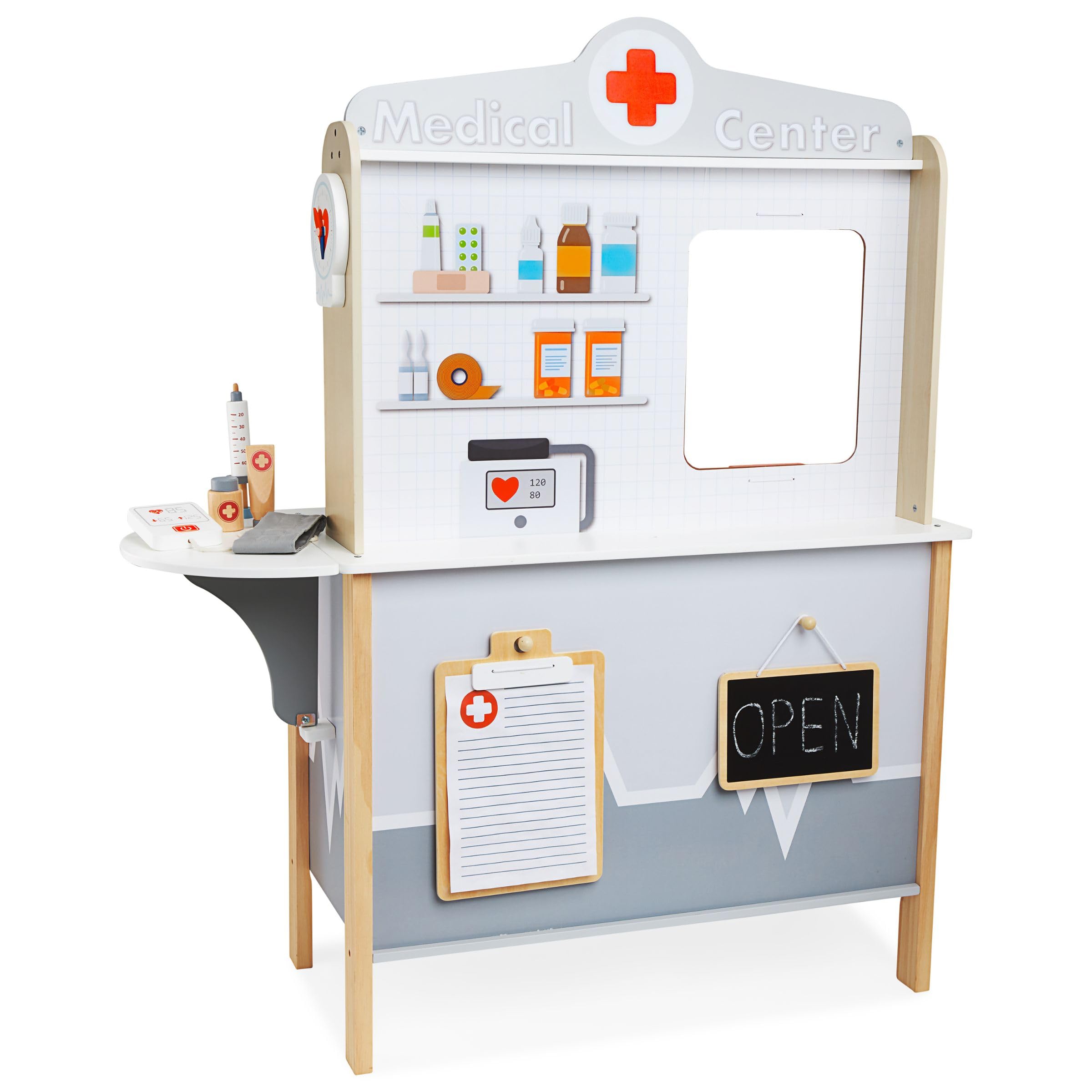 Mamabrum Armadietto dei Medicinali in Legno XXL - Set da Medico con 20 Accessori Realistici e Valigetta per Bambini