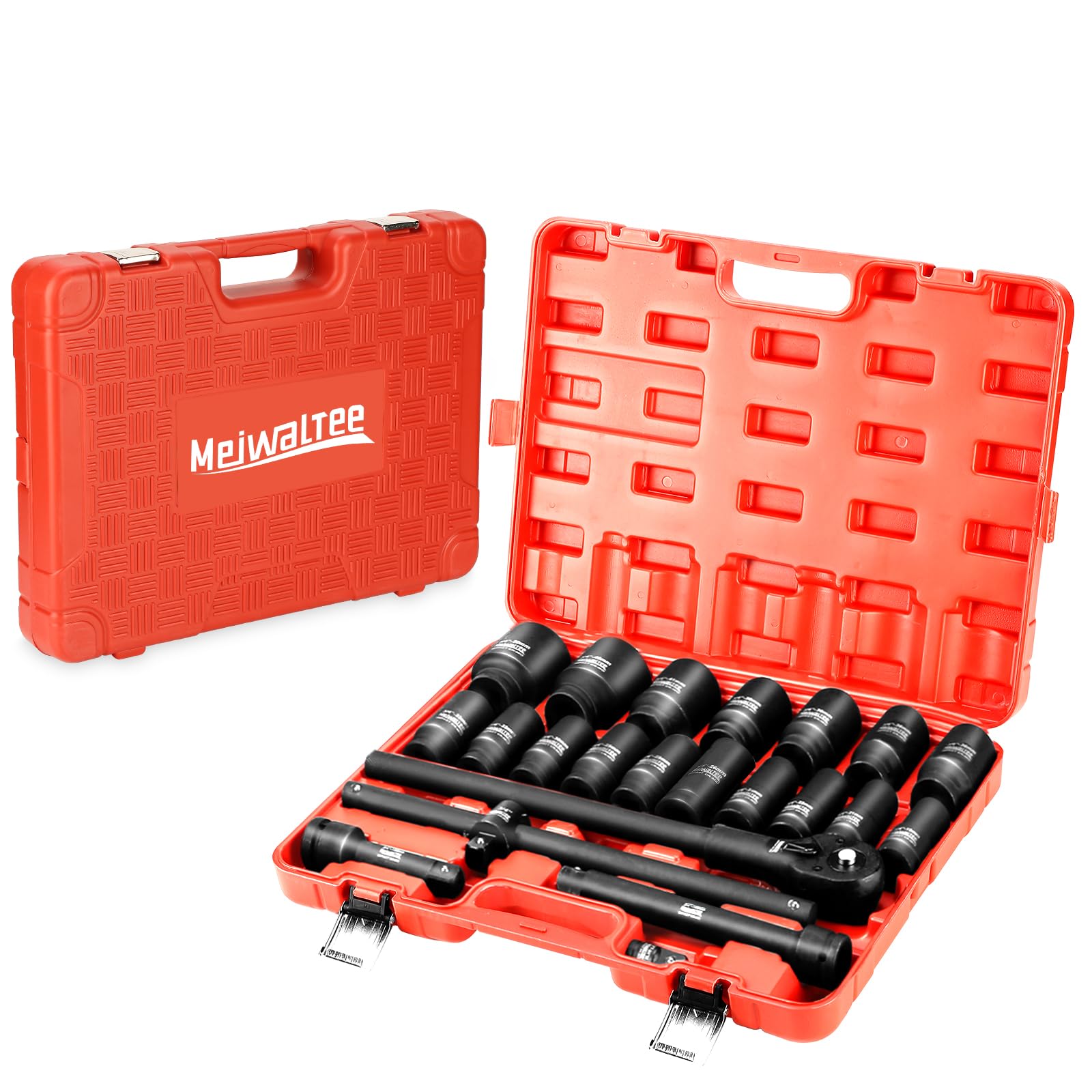 Meiwaltee 3/4" Set di Bussole a Impatto | 90MM Profondo | Assortimento Jumbo da 22 pezzi Dado a impatto profondo Misure metriche 19-50 mm | Chiave a cricchetto | Barre di estensione | Acciaio Cr-Mo.