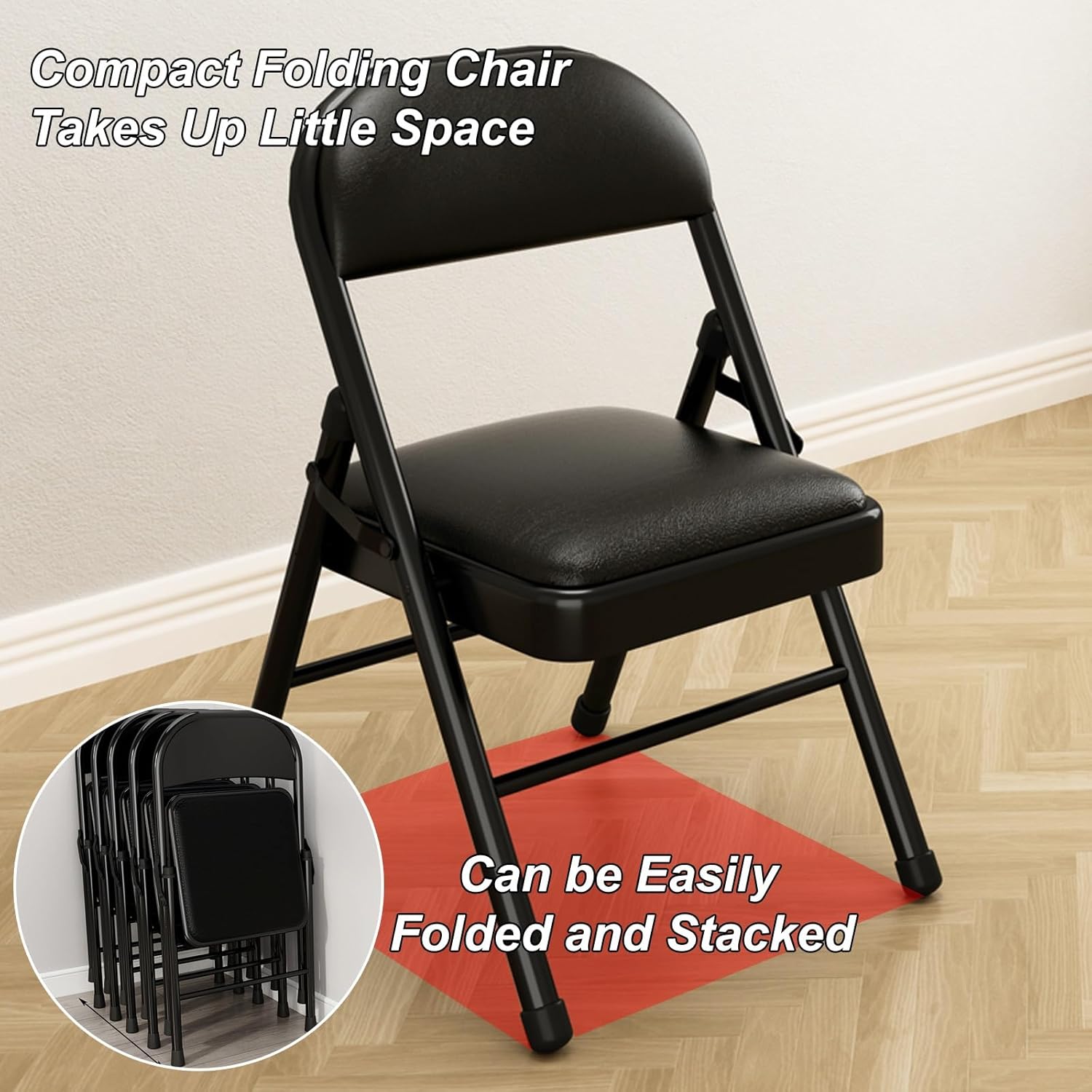 Portable Foldable Chair with Padded Cushion for Adults - No Assembly Required, Ideal for Indoor/Outdoor Dining, Parties & Events (Black)