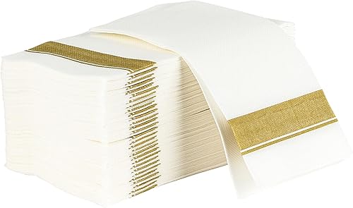 Party Bargains Toallas desechables para invitados, paquete de 50, 13 x 16 pulgadas, color blanco con impresión dorada, toallas de mano de papel