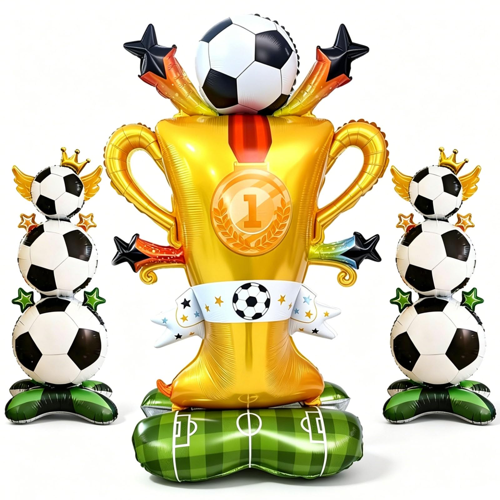 3PCS Giant Soccer Trophy Balloon,2 Inflatable Footballs and a Championship Cup,Football Trophy Foil Balloons for Sports Cup Party Supplies & Soccer Birthday Party Decorations