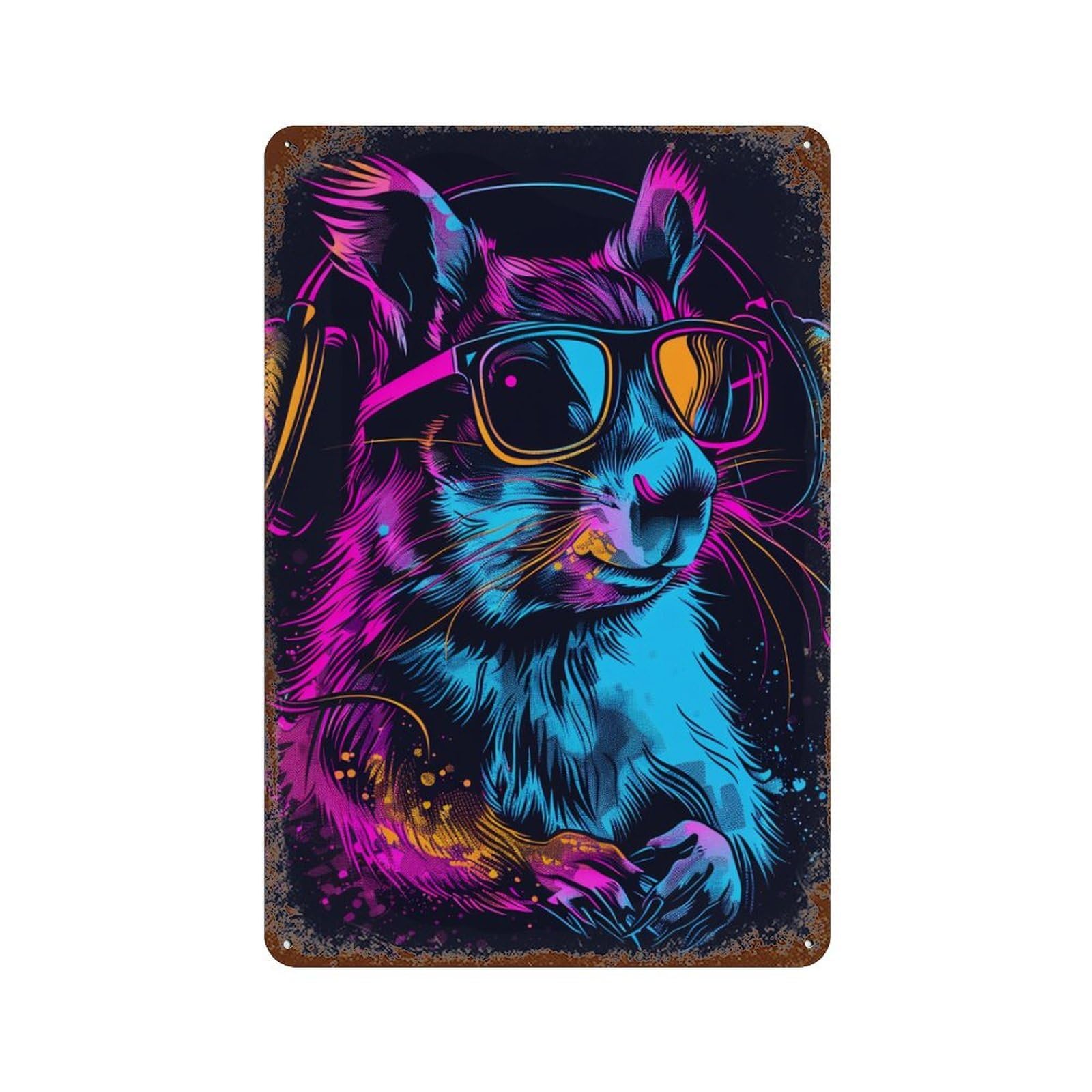 Neon Cat Headphones Art Print -3 Rust Effect Tin Sign 11.8"x7.9", Rustic Home Decor for Garage, Pub Or Kitchen