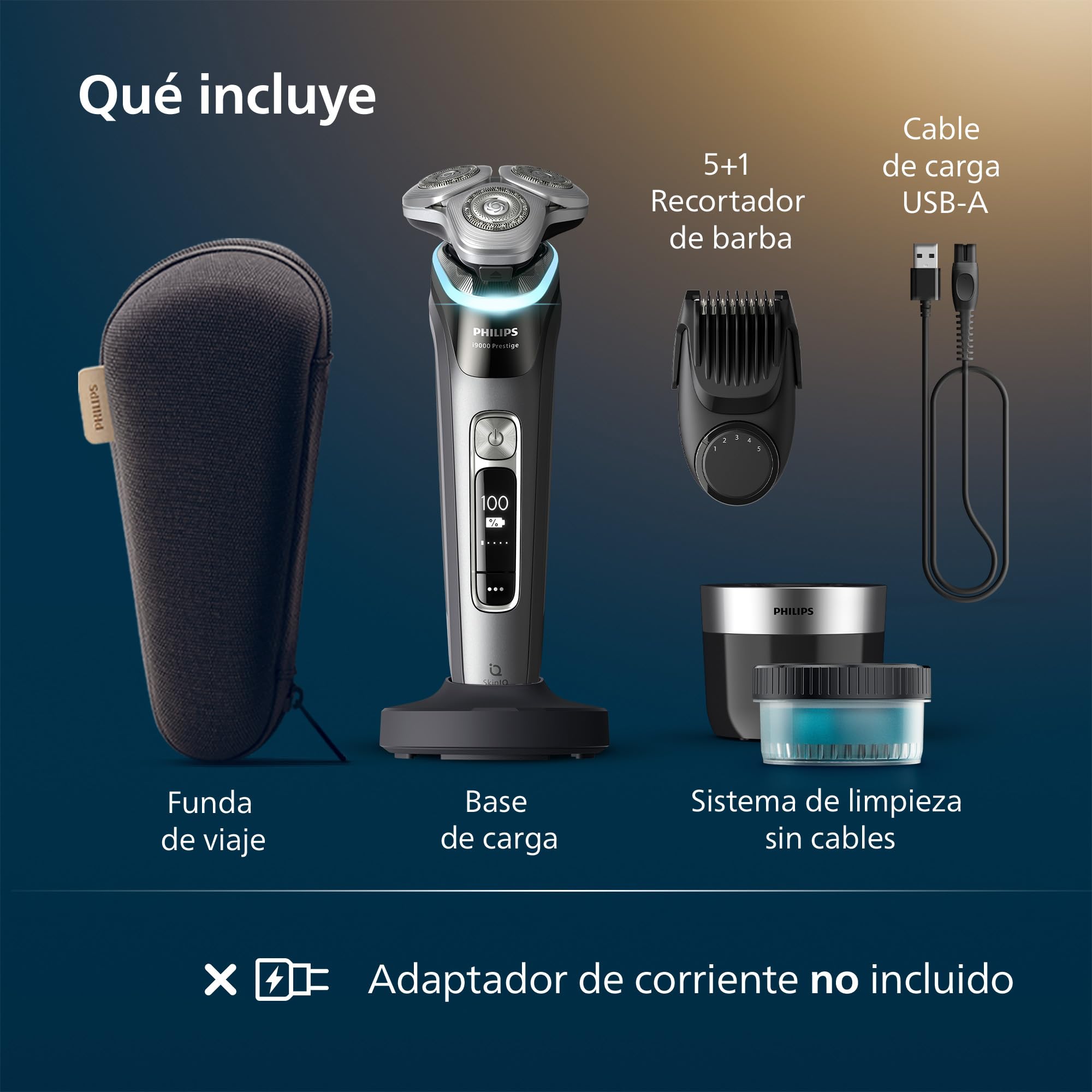 Philips i9000 Prestige, Afeitadora Eléctrica Hombre, Máquina de Afeitar Barba en Seco y Mojado, Tecnología SkinIQ, Base de Carga, Recargable, Estuche, Centro de limpieza, Recortador, XP9202/33