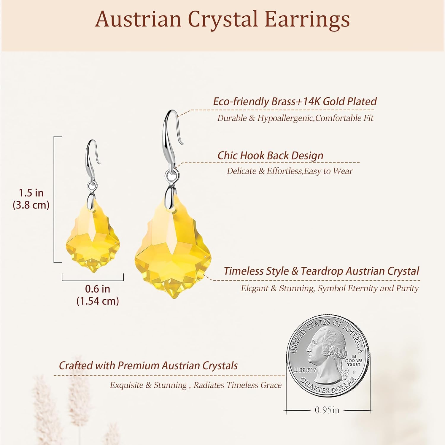 Austrian Crystal Baroque Teardrop Dangle Hook Earrings for Women 14K Gold Plated Drop Earring Hypoallergenic Jewelry