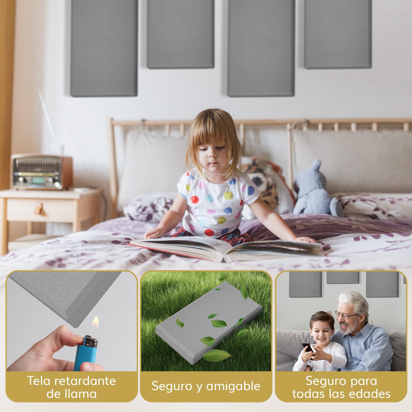 TONOR 4 PCS Grande Espuma Acústica Paneles，90x30x6 cm，Paneles Acústicos de Fibra de Vidrio 3D con Autoadhesivo Completo, Panel Pared Decorativo, para Estudio, Sala de Estar, Hogar, Oficina, Gris