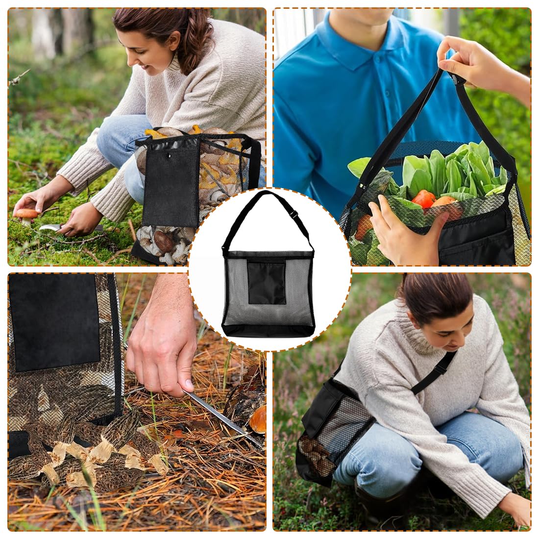 Borsa per la raccolta funghi e frutta, borsa da picnic in rete, tracolla pieghevole regolabile nera