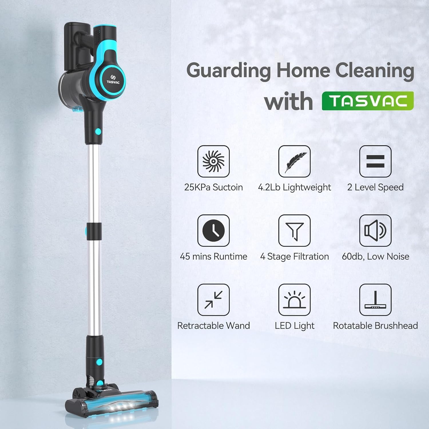 TASVAC Cordless Vacuum Cleaner, 28KPa Powerful Cordless Vacuum 6-in-1, Battery Stick Vacuum Rechargeable Vacuum 2200m-A-h Up to 45 Mins, Lightweight Handheld Vacuum Vleaner Carpet and Floor Pet Hair