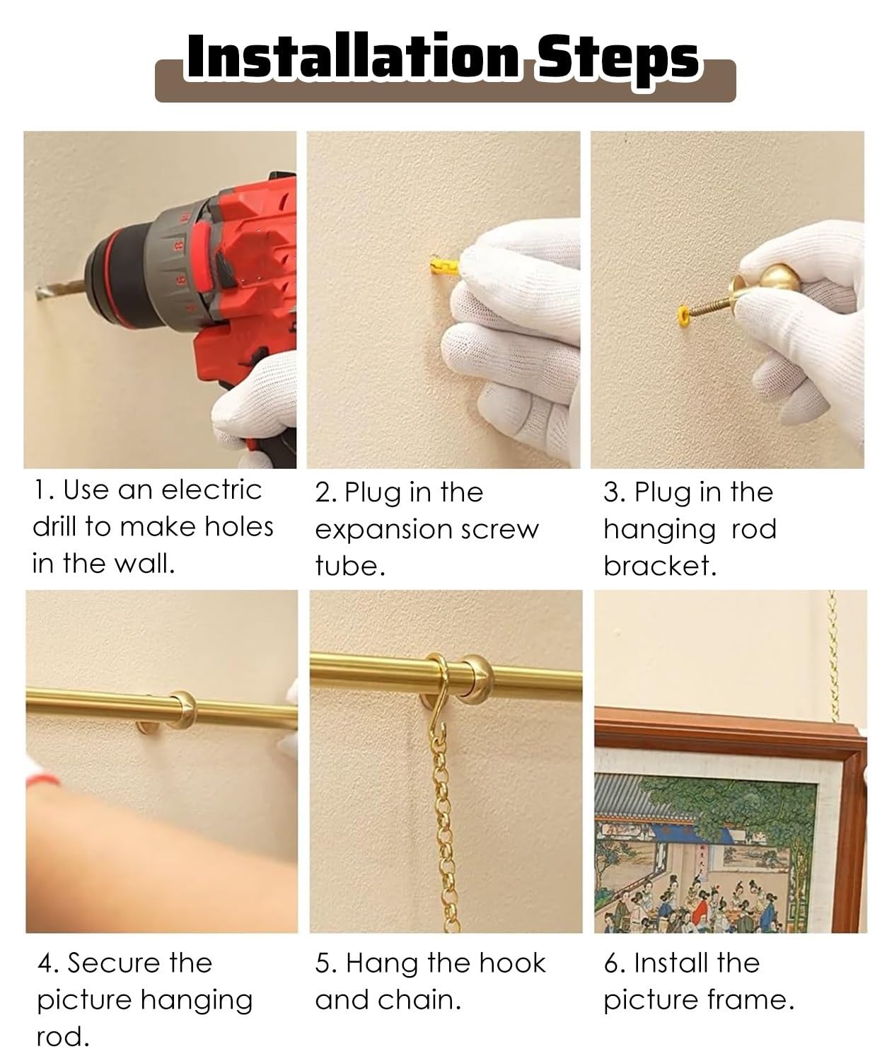 Crochets et Fil de Suspension Robustes pour Tableaux, Supports et chaîne en Laiton Antique pour Cadres, idéaux pour la décoration de la Maison et de l'église.
