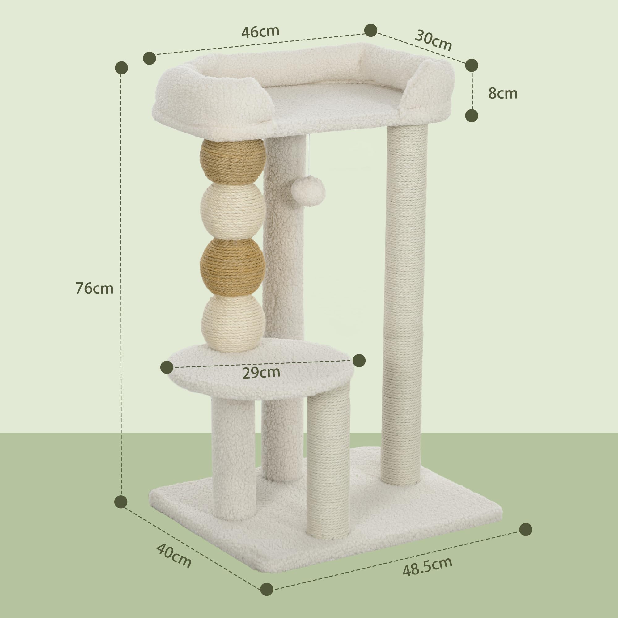 PawHut Albero Tiragraffi per Gatti con Pallina Giocattolo, Piattaforma e Lettino Superiore, Trespolo per Gatti in Legno, Iuta e Peluche, 48.5x40x76 cm, Beige