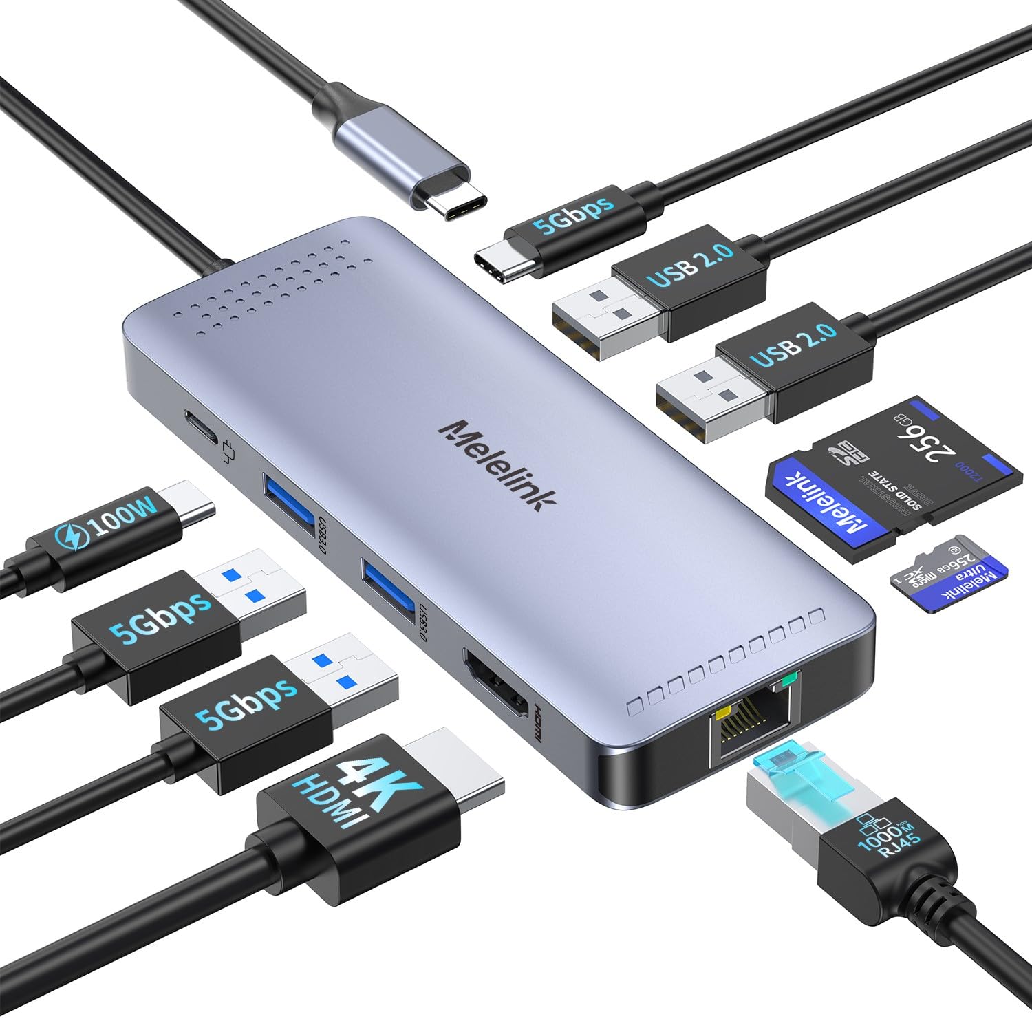 Melelink USB C Hub Ethernet, 10-in-1 Dock USB-C Adapter with 4K 60Hz HDMI, LAN RJ45, PD 100W, 5X USB-A/C Ports and SD/TF Card Reader, Multiport Adapter Compatible with MacBook/Surface/iPad Pro/Dell-picture-14