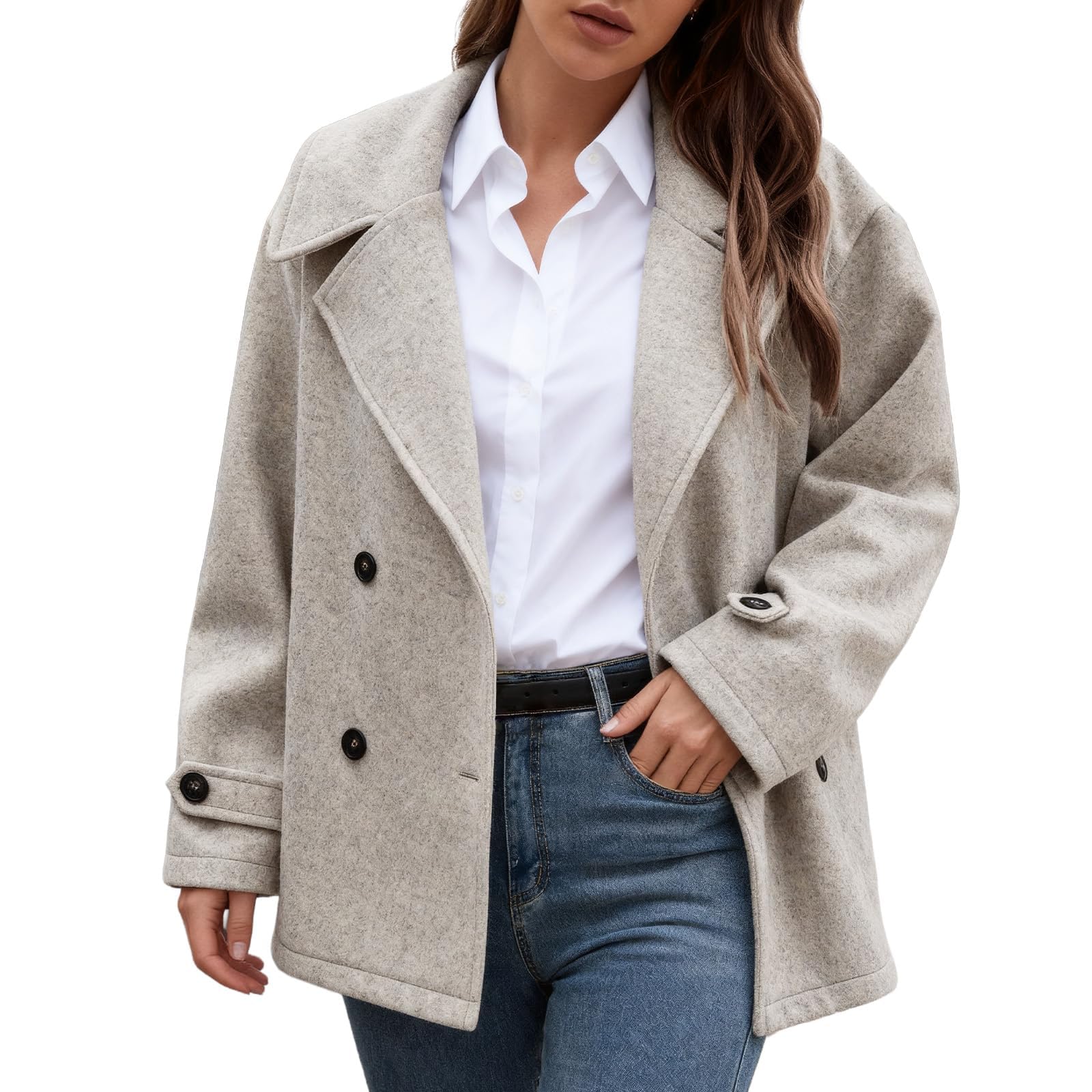 Womens Double Breasted Wool Peacoat Winter Loose Fit Cropped Blazer Jacket for Office Wear