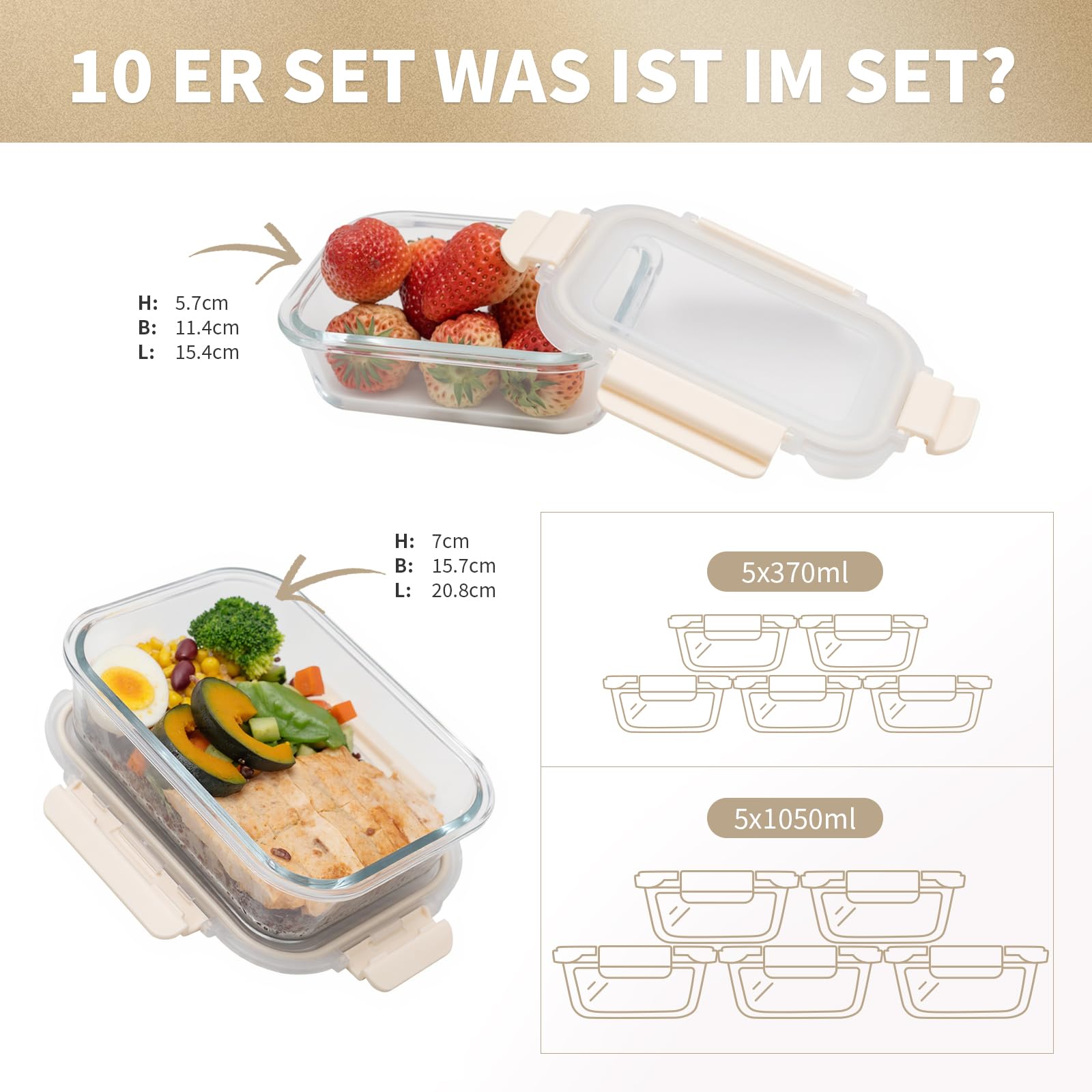 Juego de recipientes de cristal con tapa, 20 piezas (10 recipientes, 10 tapas), aptos para lavavajillas, microondas y congelador, a prueba de fugas, modernos, recipientes para alimentos, recipientes
