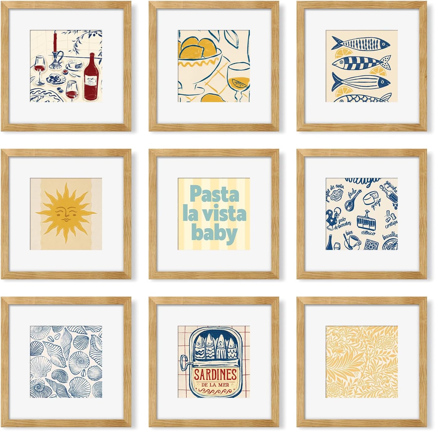 12x12 Picture Frame Set of 9, Photo Gallery Wall Frame Set, Display Pictures 8x8 with Mat or 12 x 12 Without Mat, Square Frame Picture Frames Collage Wall Decor, Natural Oak