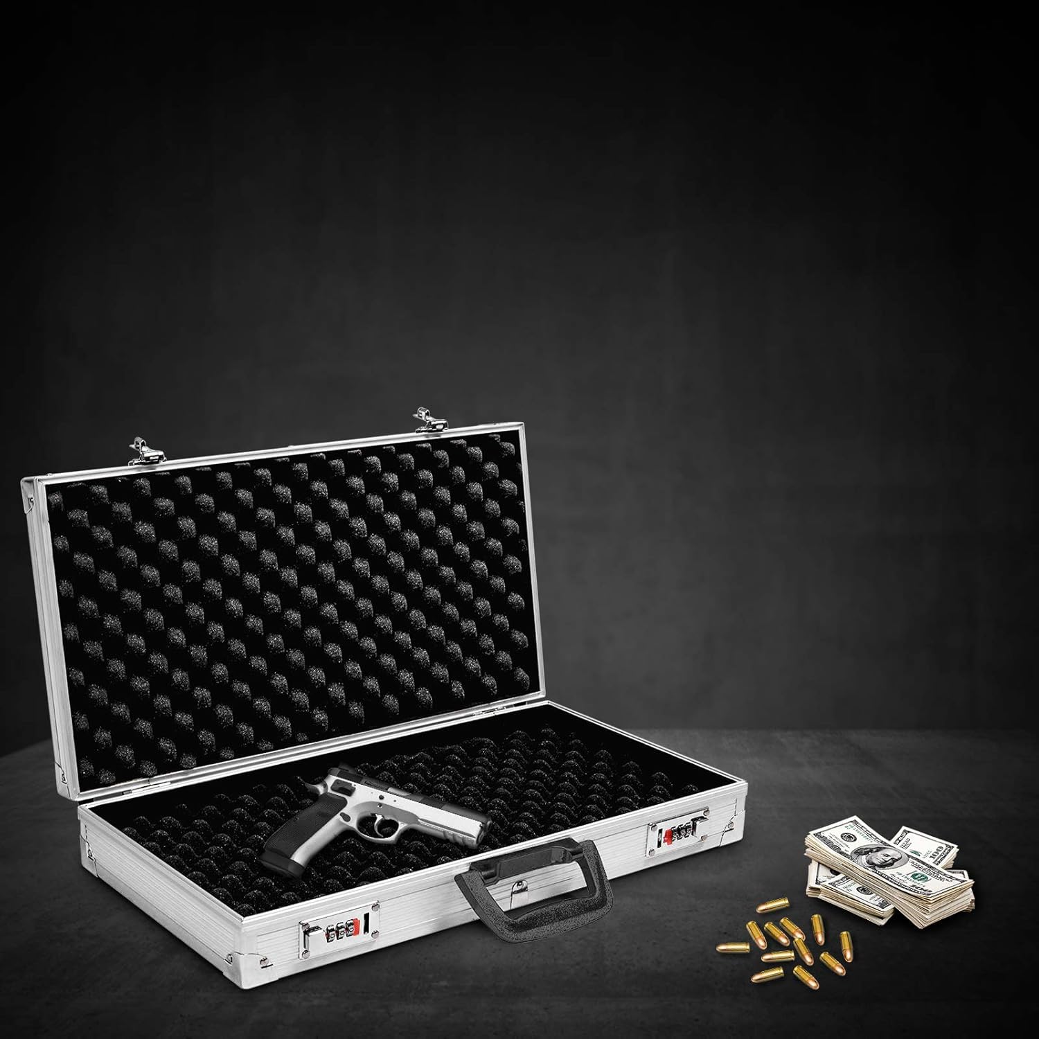SOARS Mallette pour Arme, Malette Outils 47 X 25 X 8,3 CM en Aluminium, Verrouillable avec Serrure à Combinaison, Mousse Amovible, Poignée Ergonomique, Valise pour Pistolet Airsoft, Accessoires