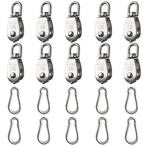 Bloque de polea individual M15, bloque de polea de grúa de alambre colgante, rueda de remolque de alambre 304 de acero inoxidable con 10 ganchos de